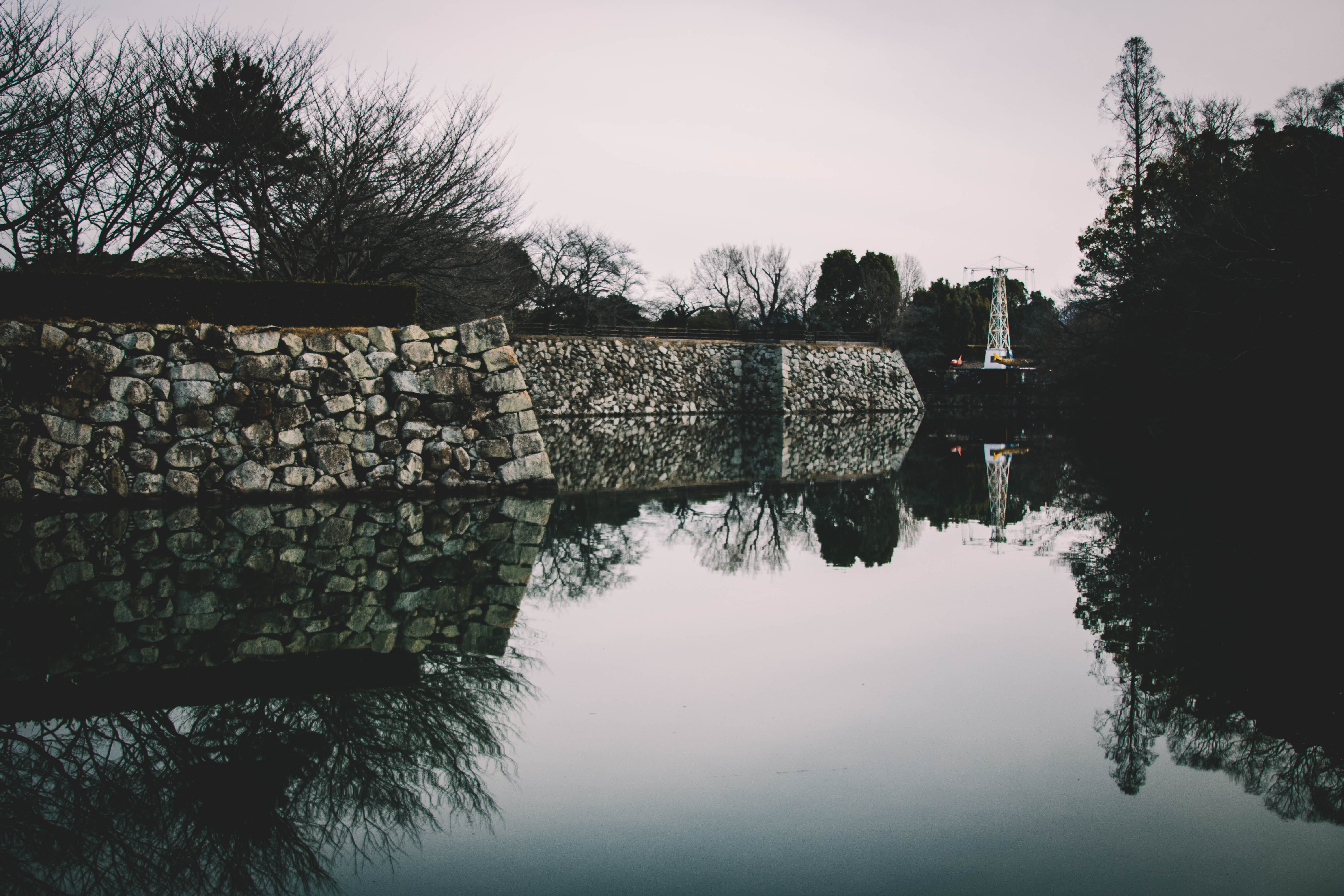tranquility, tree, wall, scenics - nature, clear sky, sky, highway, temple, nature, reflection lake, castle, no people, waterfront, standing water, road, HD Wallpaper