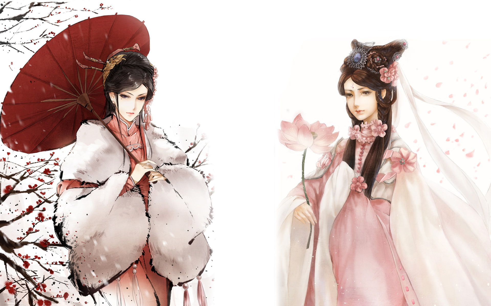 1080P, dress, fantasy, trees, original, soft, babes, mood, females, art, lotus, umbrella, anime, scarf, women, girls, oriental, style, asian, blossoms, HD Wallpaper