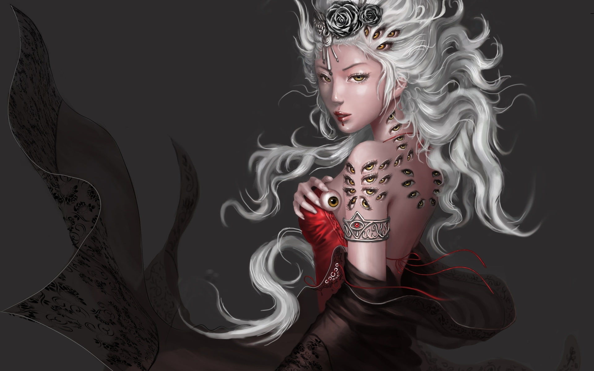 gown, sensual, creepy, Goddess, face, Oriental, art, digital, babes, Asian, hair, girl, occult, CG, fantasy, female, Dark, eyes, demon, sexy, Evil, dress, HD Wallpaper