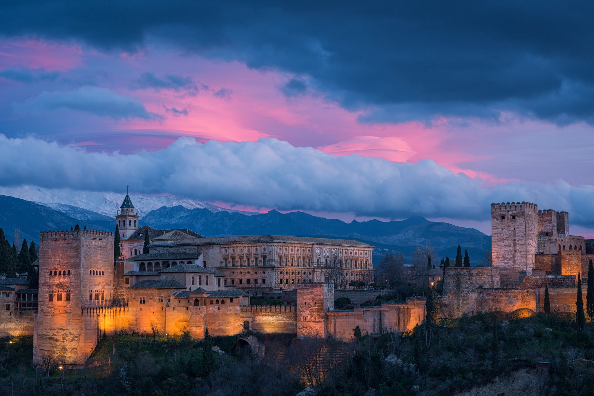 the sky, 1080P, Alhambra, the evening, Spain, Granada, HD Wallpaper