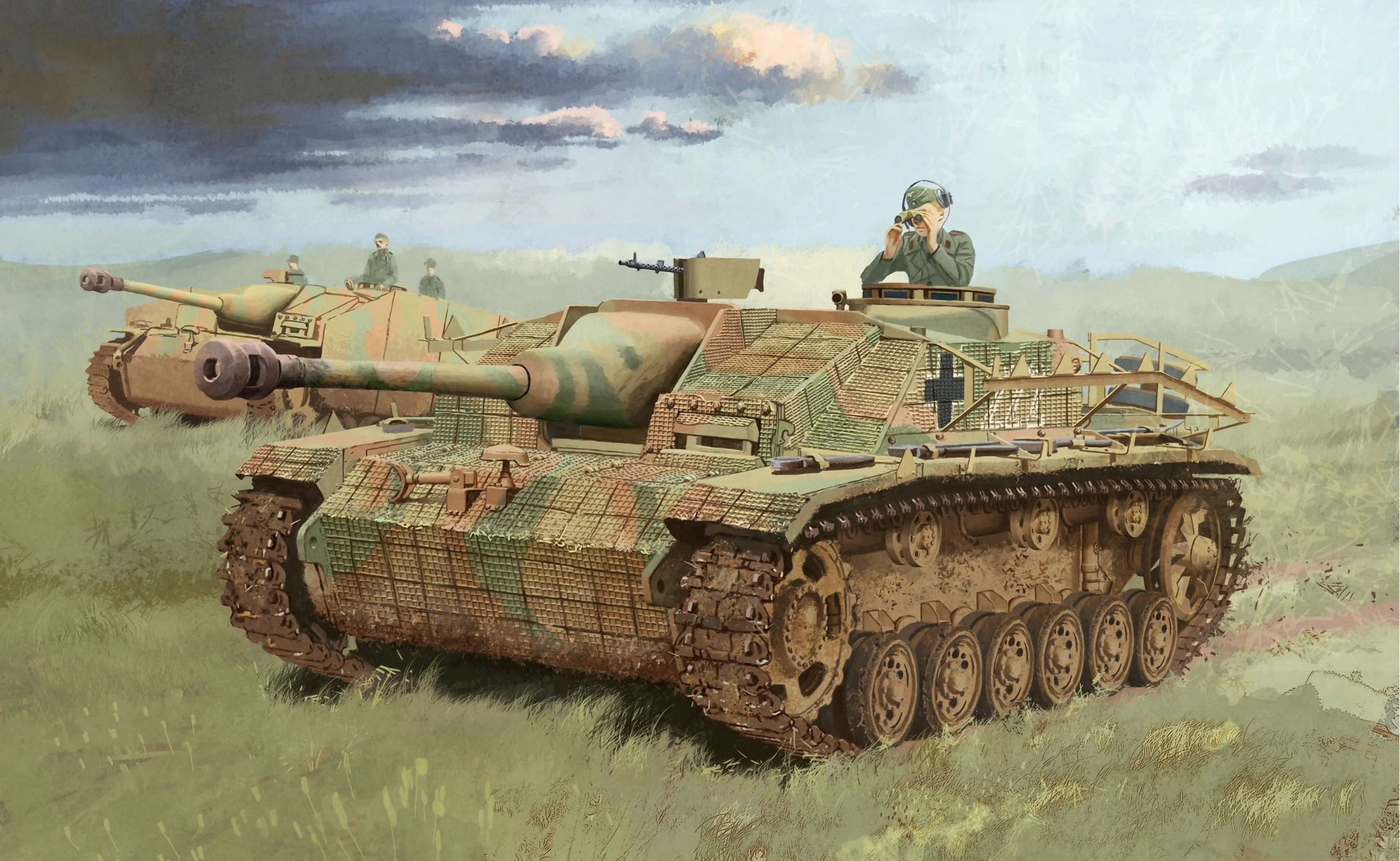 self-propelled artillery, 1080P, III, Storm protections, field, German, installation, the commander, art, zimmerit, Ausf.G, grass, war, painting, brown, HD Wallpaper