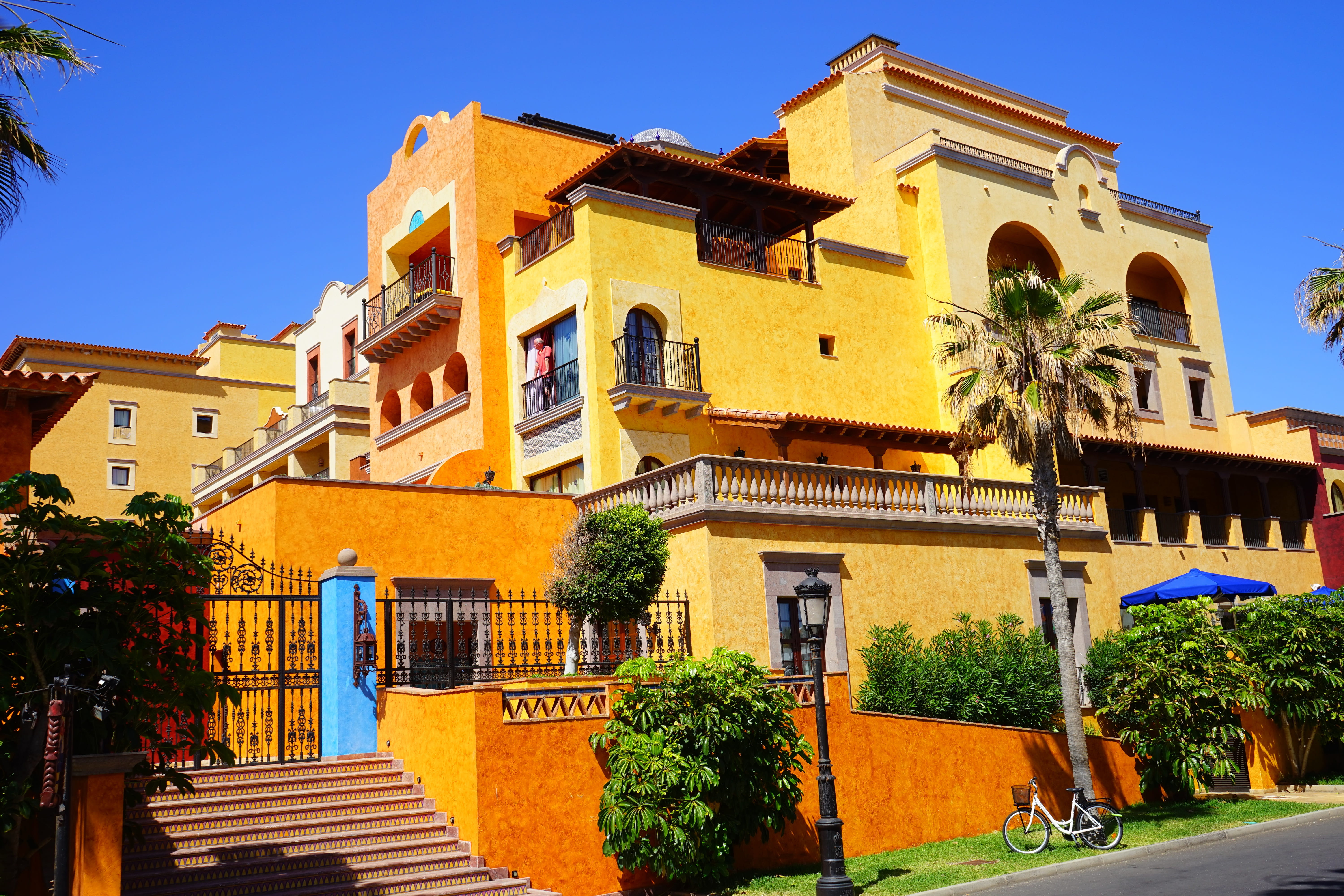 coastal village, nobel hotel, yellow, building exterior, palm, holiday destination, hotel complex, orange, built structure, city, staircase, Building, window, HD Wallpaper