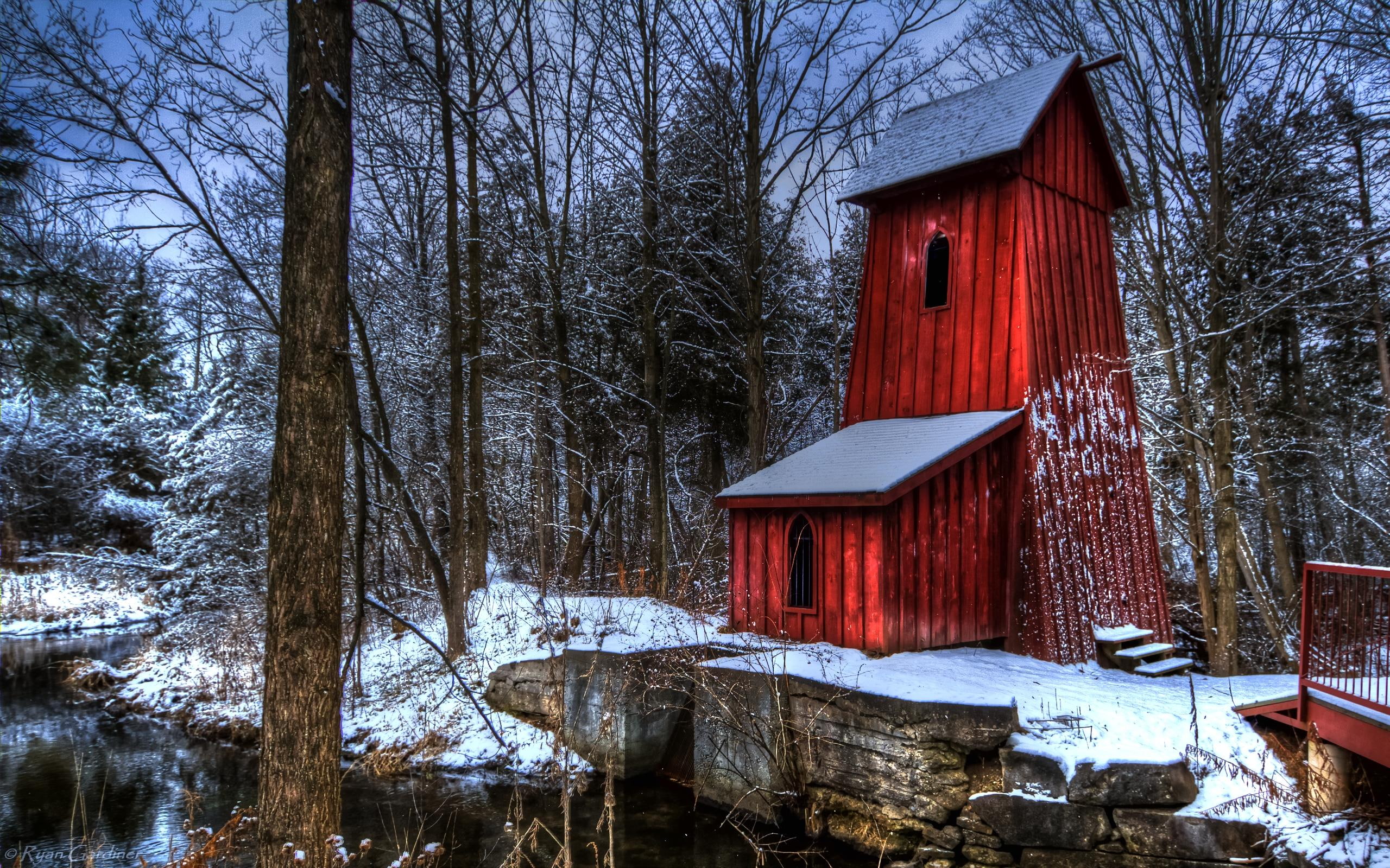 3d and abstract, water, tower, 2K, beautiful, forest, hydro, stream, cabin, winter, red, HD Wallpaper