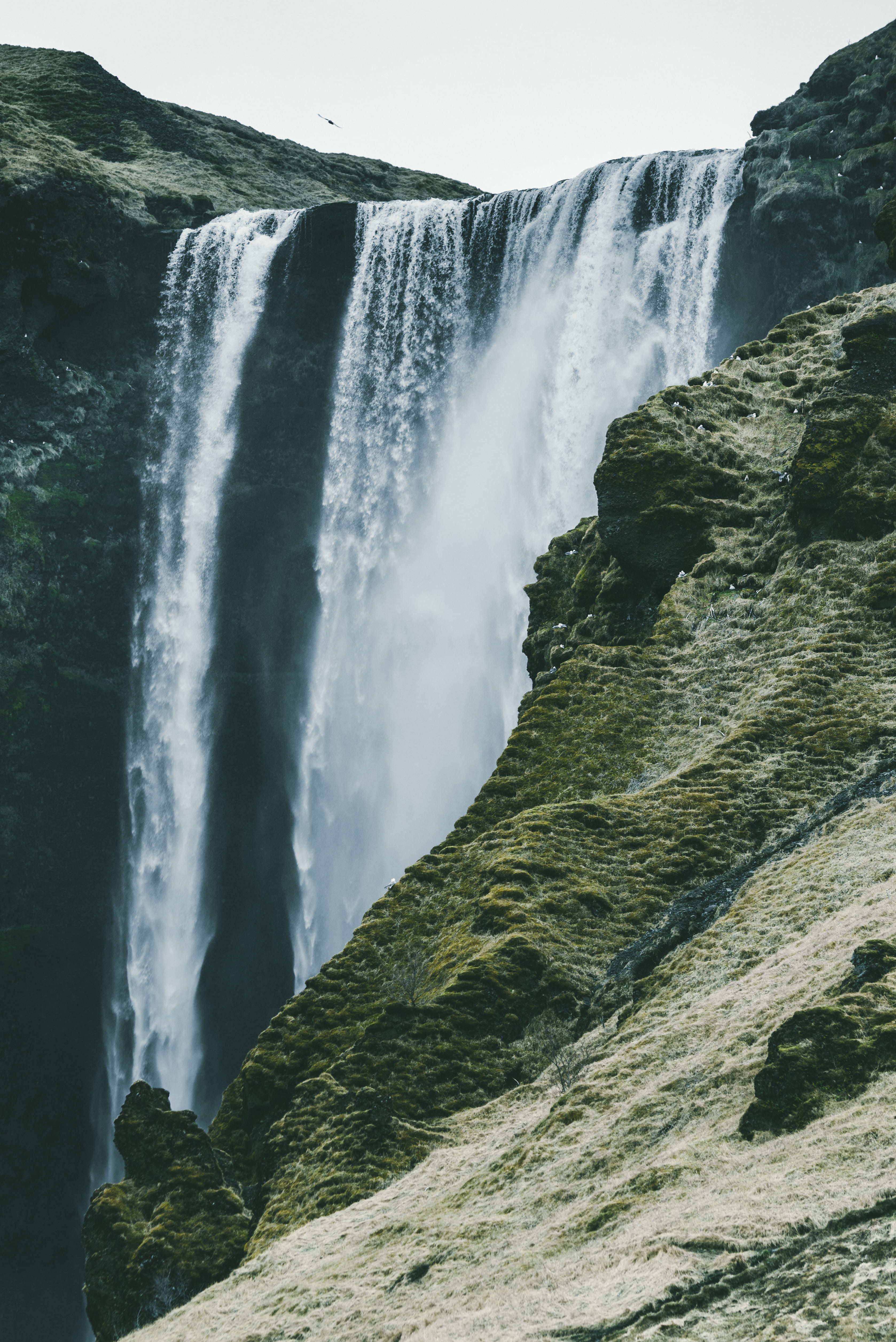 flowing water, hydro, outdoors, mountain, travel, dark, blurred motion, moody, flowing, power in nature, white, nature, environment, green, waterfalls, Phone HD Wallpaper