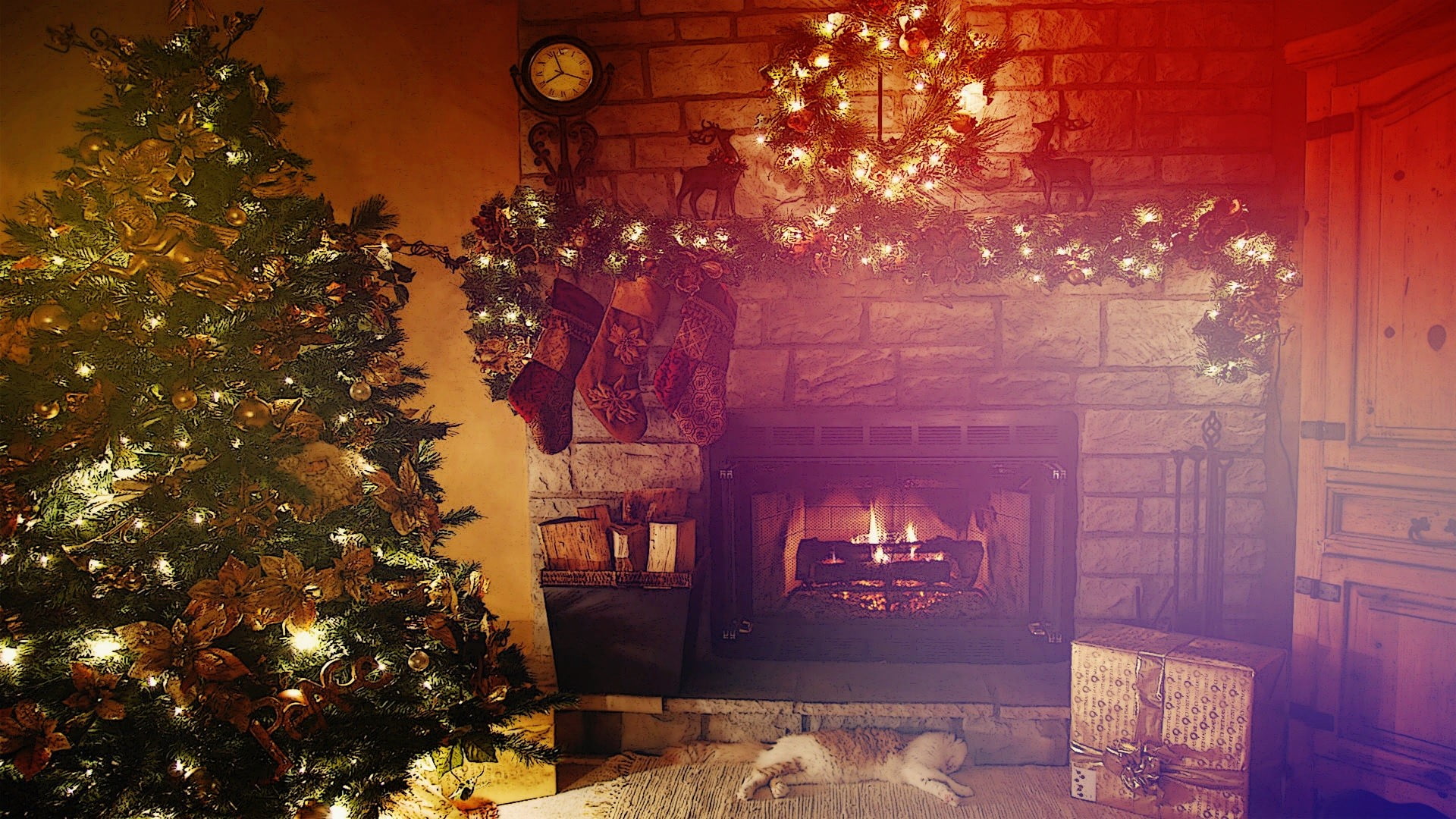 christmas ornament, celebration event, plant, black, lights, 1080P, holiday - event, cat, indoors, fireplace, christmas lights, illuminated, decoration, HD Wallpaper