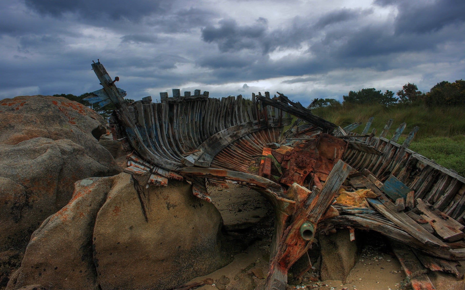 sky, non-urban scene, landscape, outdoors, stones, architecture, rusty, abandoned, cloudy, ruined, board, environmental issues, wood - Material, environment, HD Wallpaper