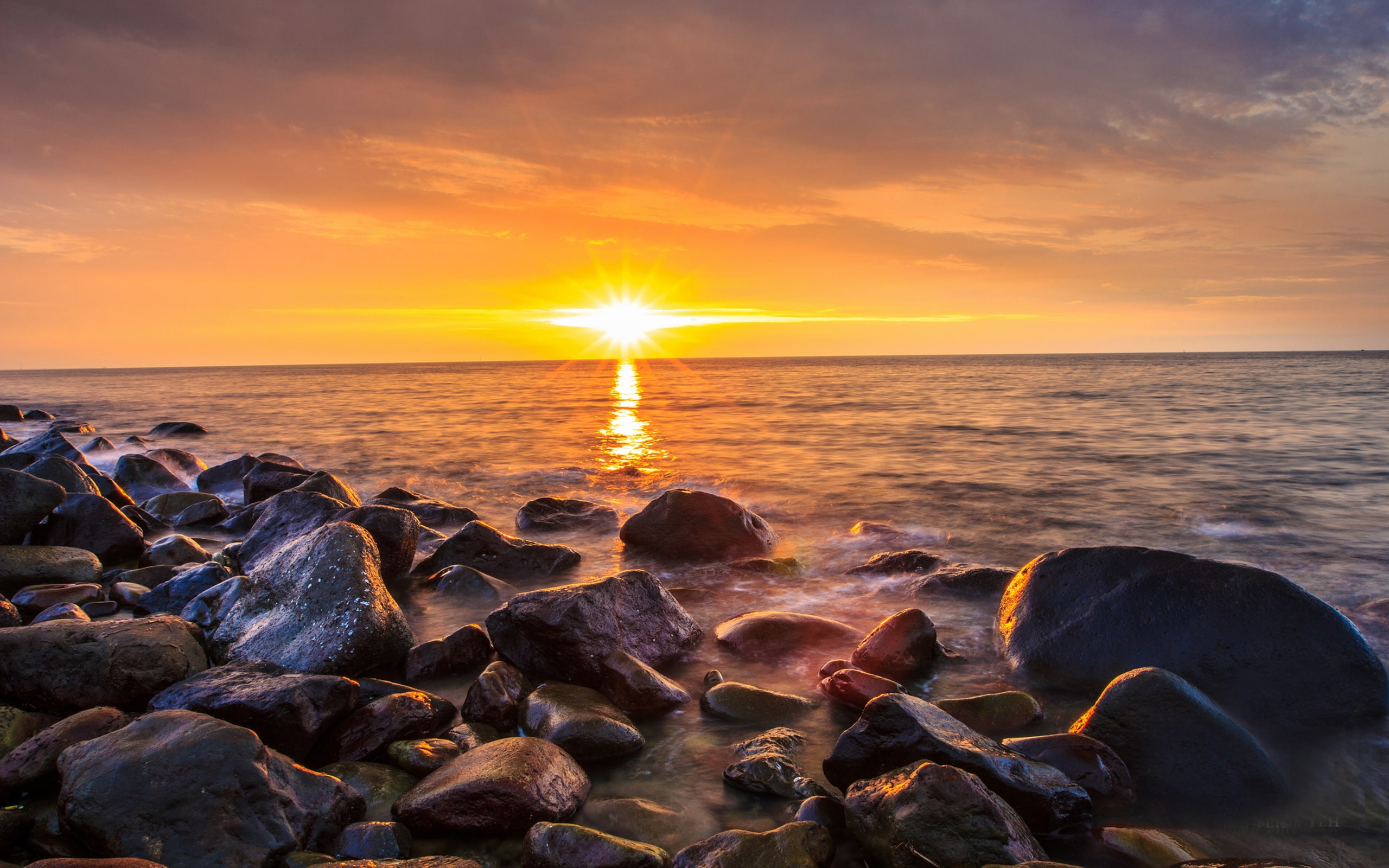 broadband, mobile, dawn, nature, rocks, twilight, ocean, 2K, HD Wallpaper