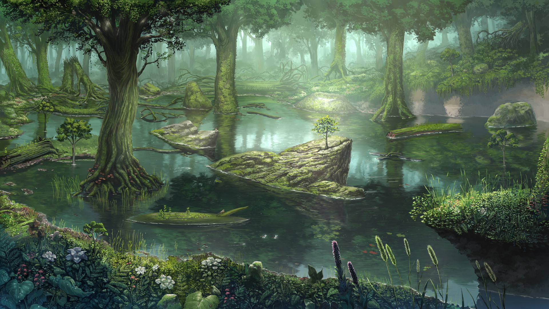 water, fo do, original, flowers, forest, grass, tree, scenic, 1080P, bird, animal, landscape, HD Wallpaper