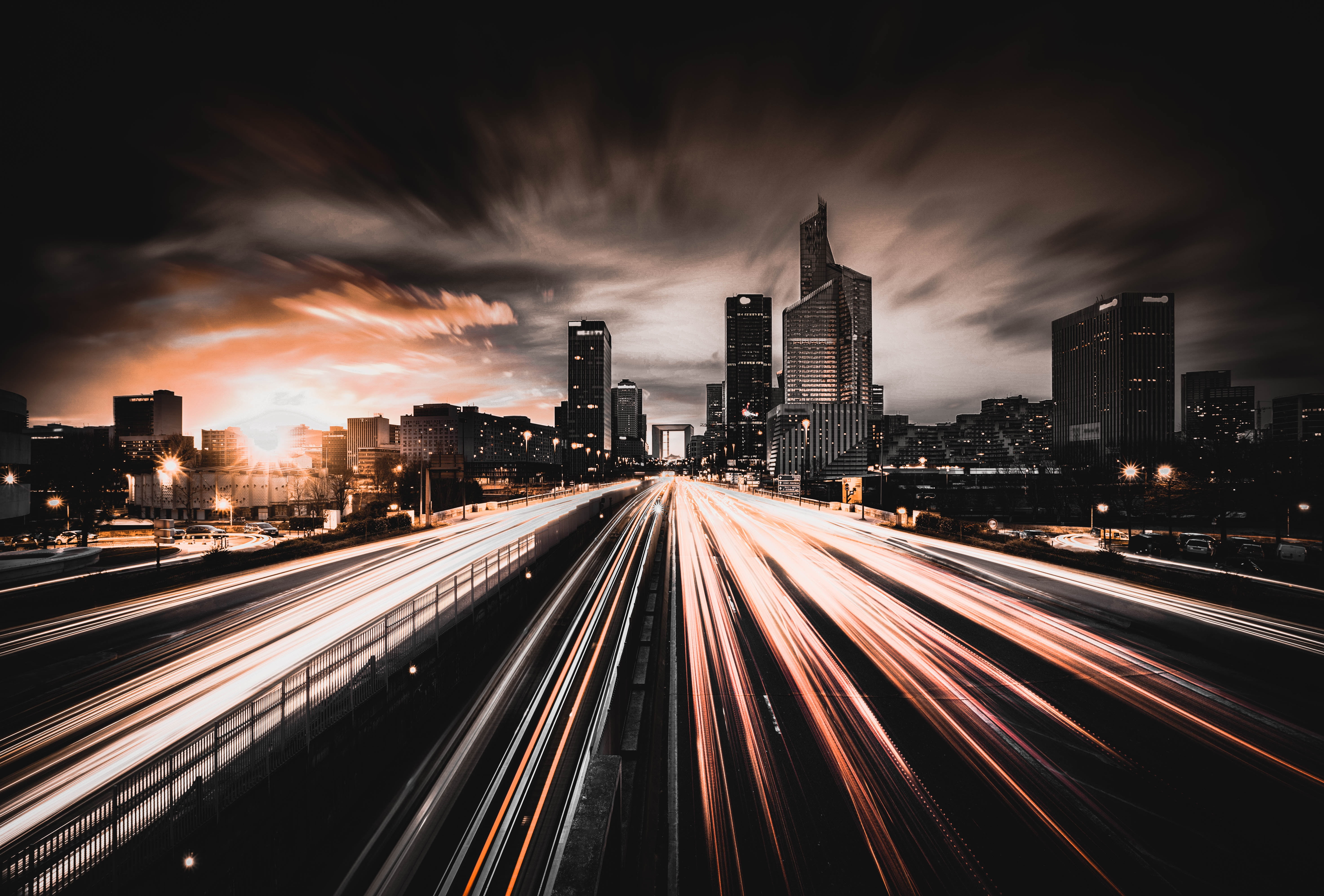 dark, cloud - sky, dusk, photography, mode of Transport, famous Place, street, tail Light, gray, modern, speed, time, office Building, downtown District, HD Wallpaper