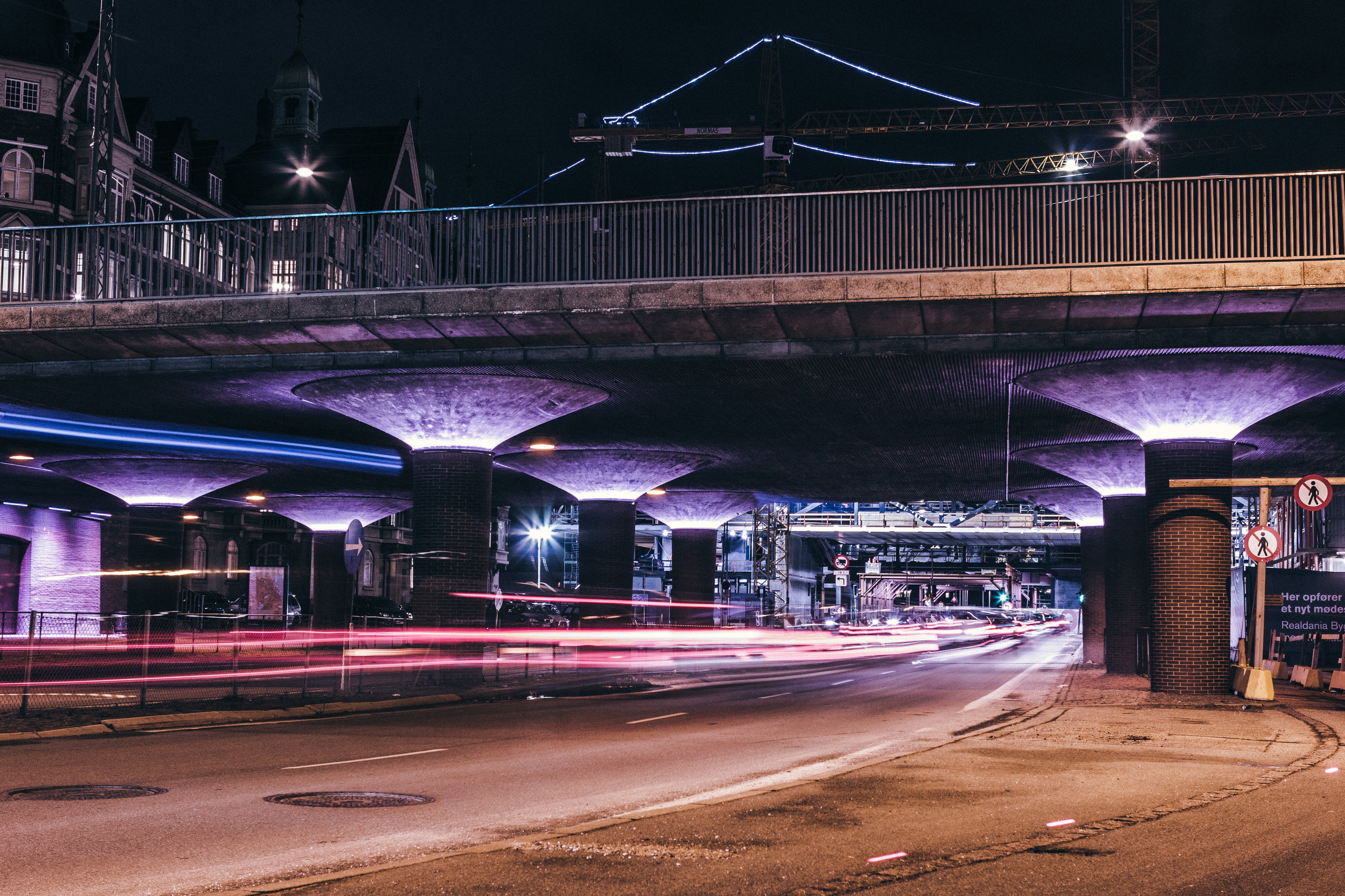 building exterior, elevated road, connection, dark, transportation, 5K, light trail, road, time, travel destinations, illuminated, architecture, city, HD Wallpaper