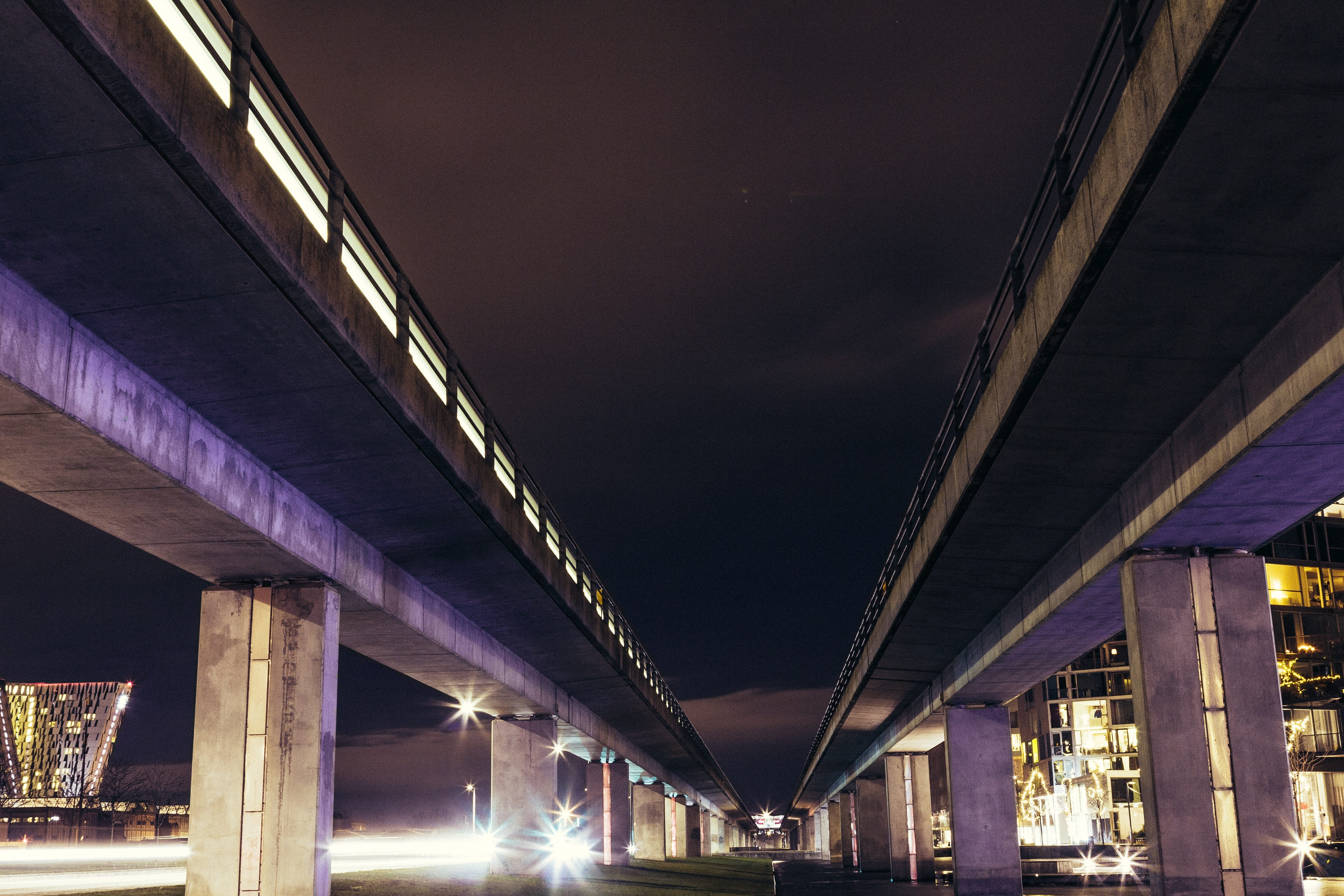 architectural column, 5K, girder, engineering, city, lights, underneath, multiple lane highway, vehicle, infrastructure, cars, ceiling, outdoors, water, HD Wallpaper