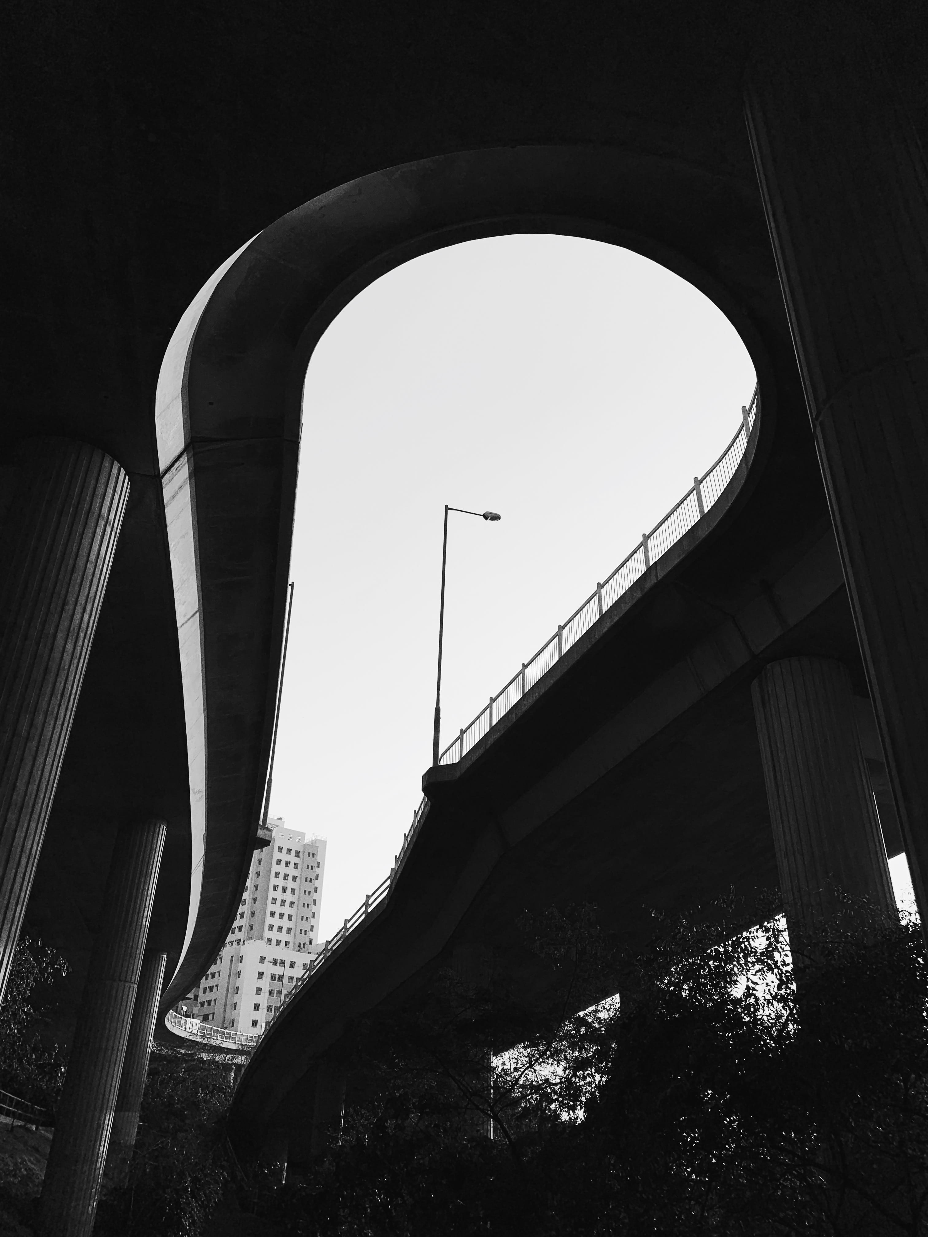 sky, bridge, street light, clear sky, low, photography, outdoors, road, day, arch, low angle view, no people, concrete, nature, connection, overpass, city, Phone HD Wallpaper