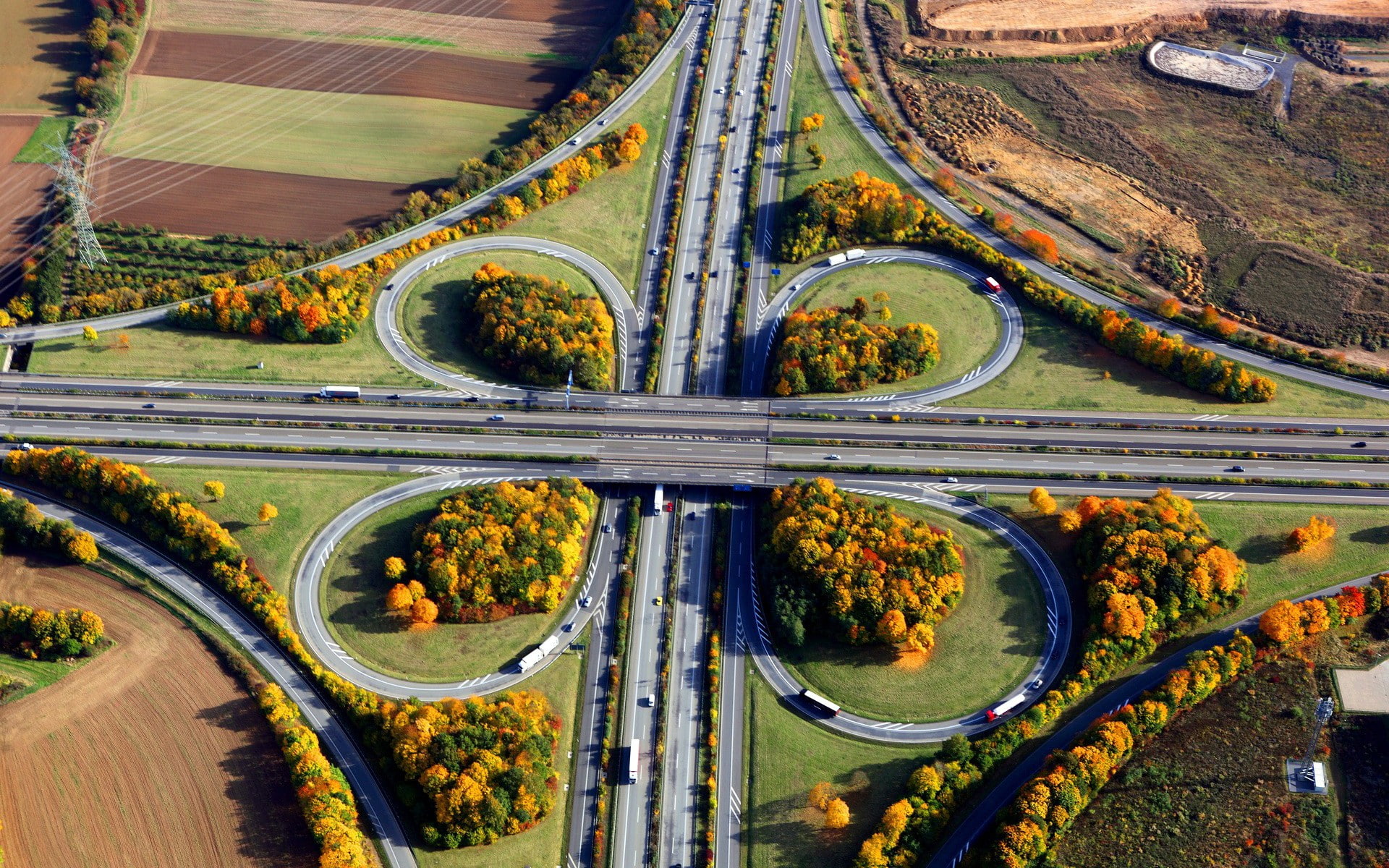 trees, road, highway, 1080P, car, intersections, landscape, fall, HD Wallpaper