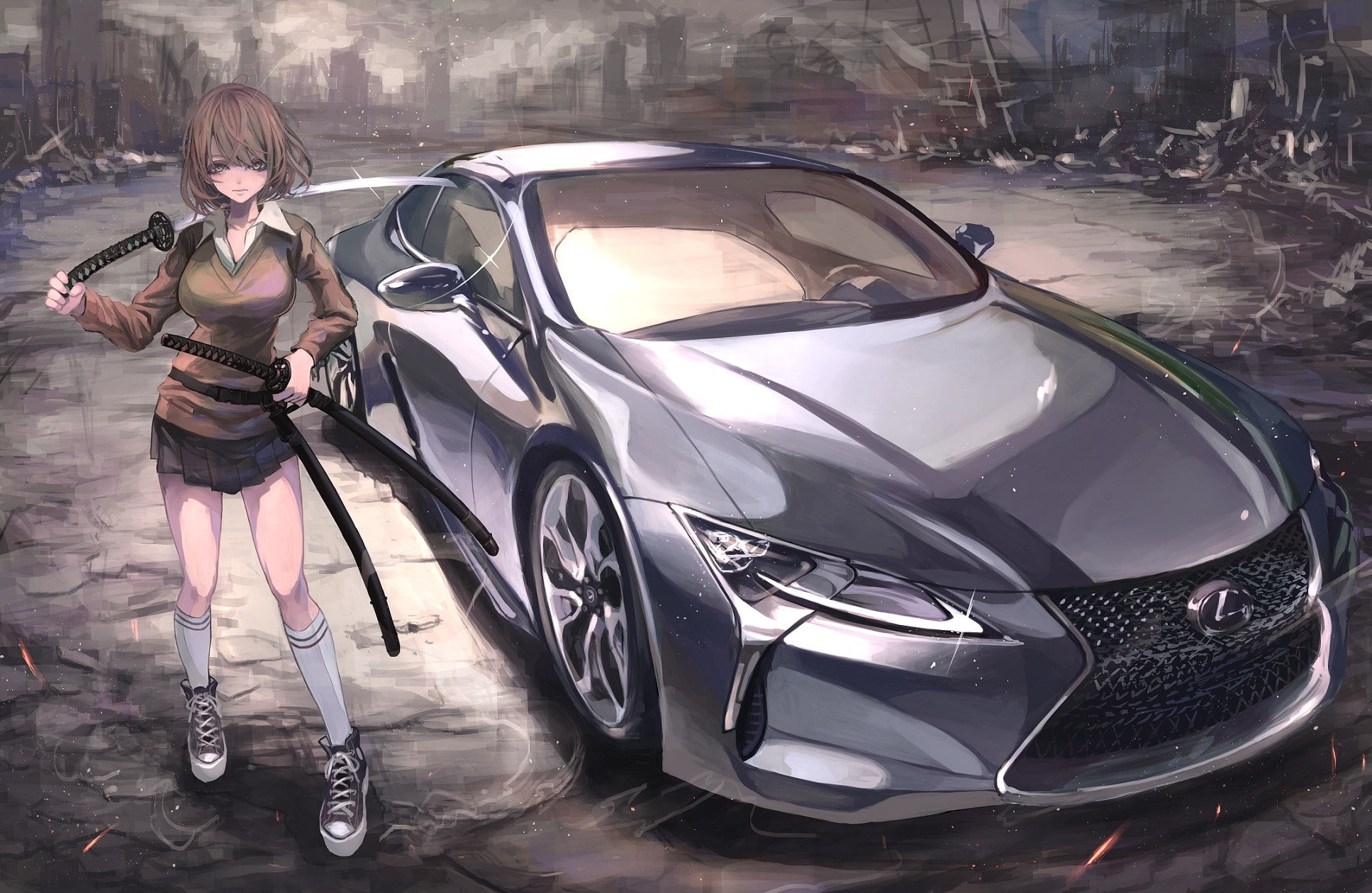 Lexus, anime, 1080P, weapon, anime girls, katana, ruins, sword, HD Wallpaper