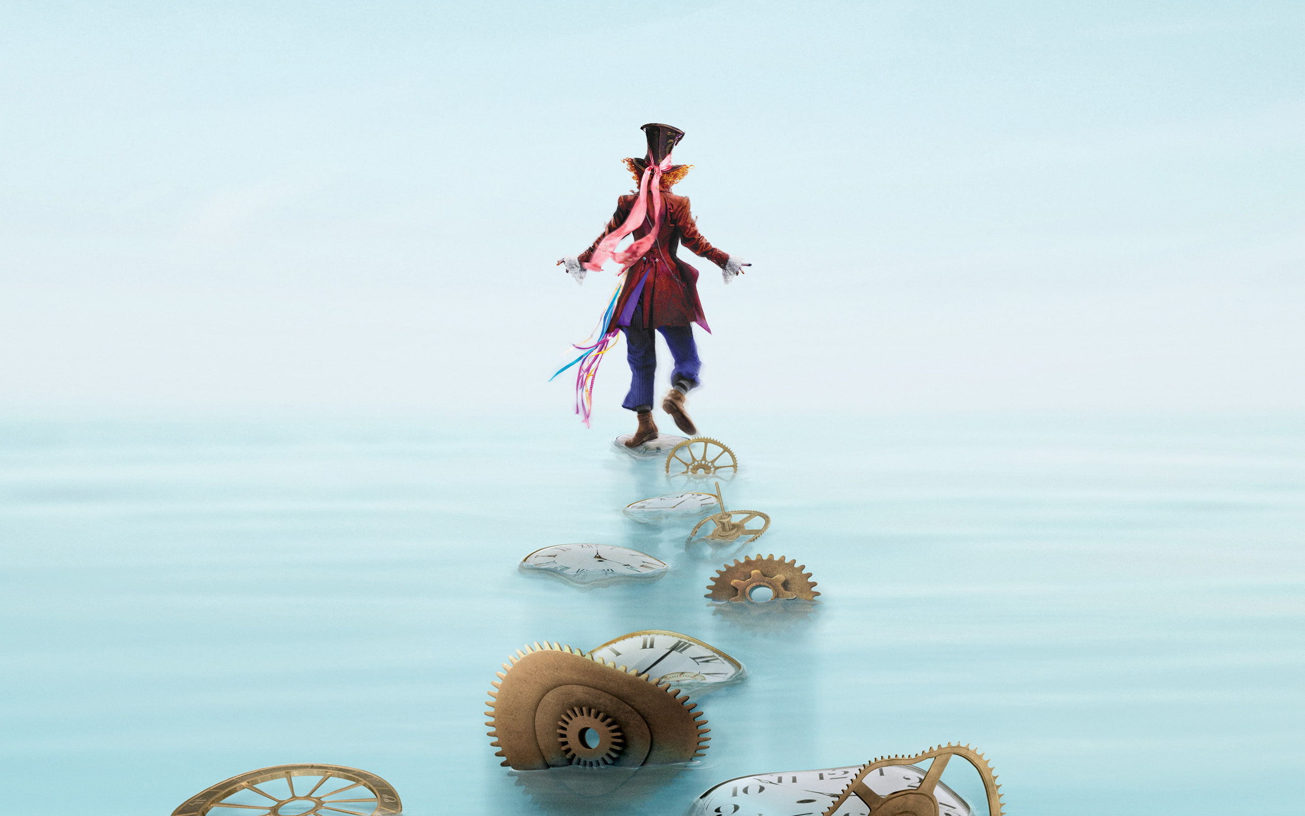 spare parts, watch, costume, Johnny Depp, hat, poster, Mad Hatter, cylinder, Alice in Wonderland, Alice Through the Looking Glass, 2K, gear, fantasy, water, HD Wallpaper