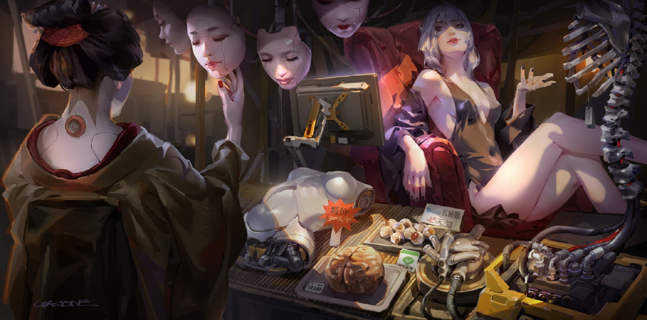 trade, black swimsuit, monitor, saleswoman, products, the counter, Shengyi Sun, art, kimono, the exoskeleton, eyes, cyborg, face, shop, brain, spare parts, HD Wallpaper