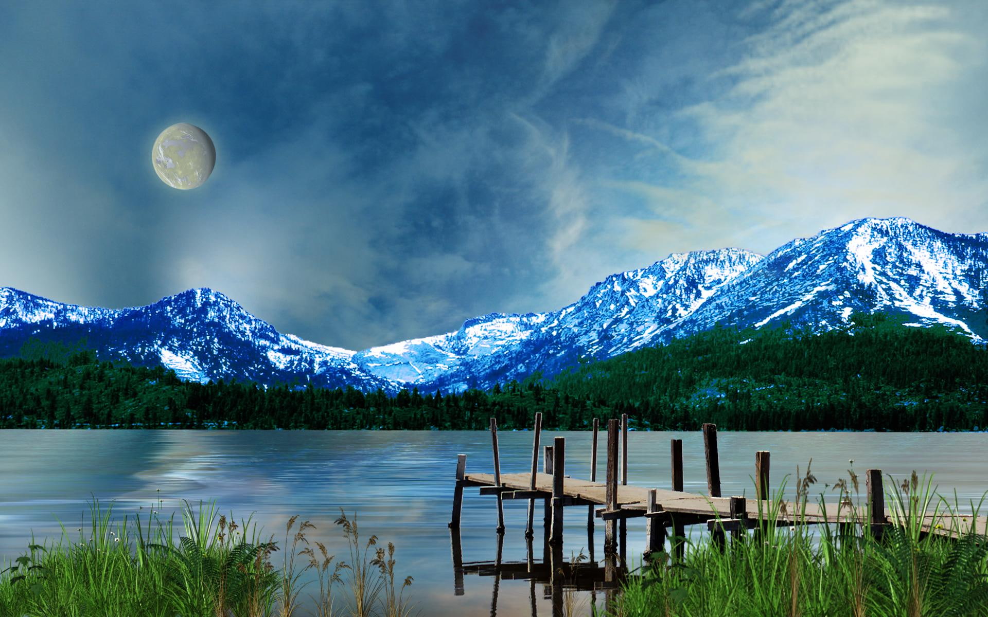 moon, water, blue, mountains, 3d and abstract, 1080P, silvery, fantasy, HD Wallpaper