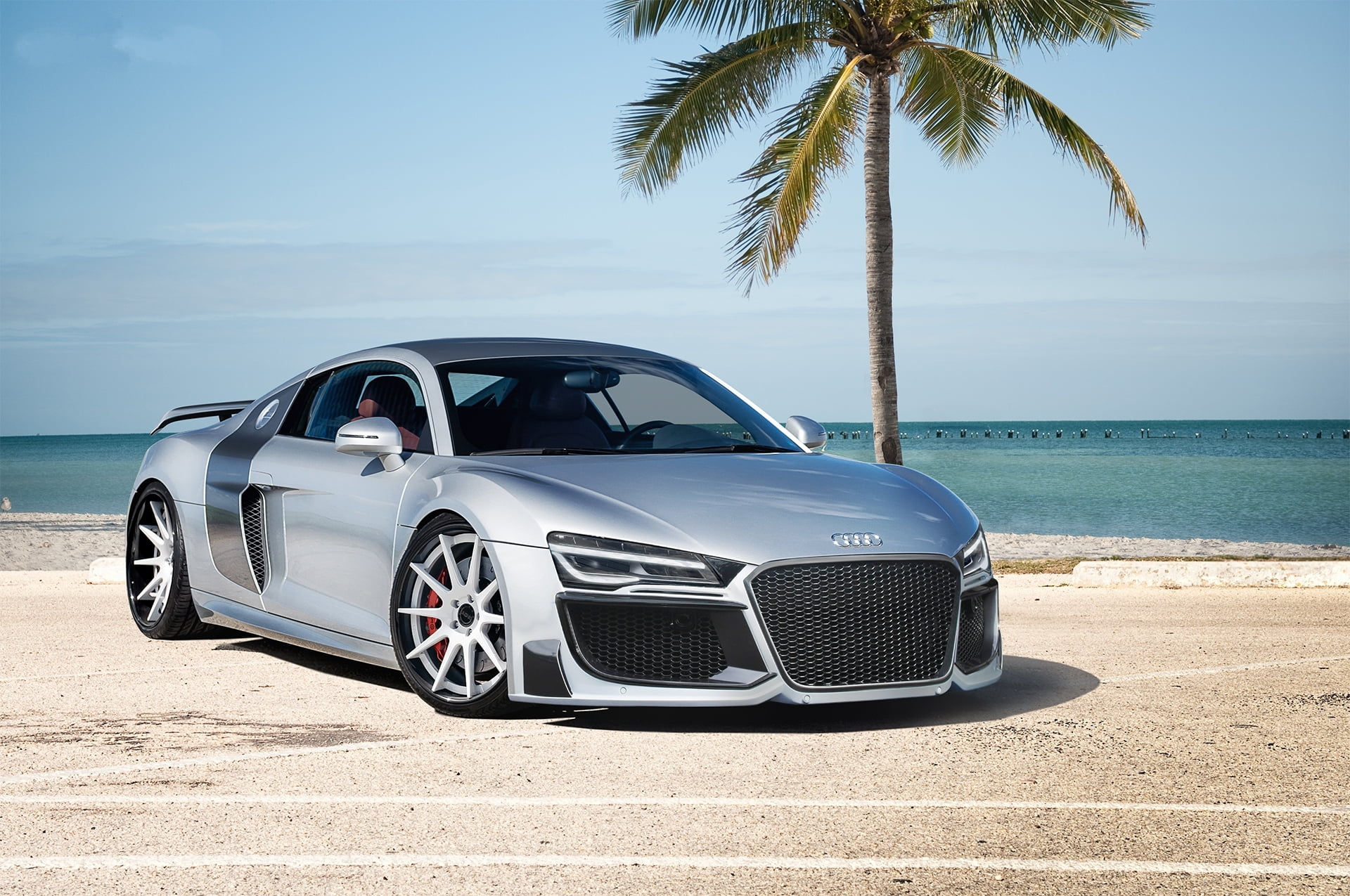 Palma, r, 1080P, silvery, silver, Audi, coupe, the ocean, sports car, HD Wallpaper