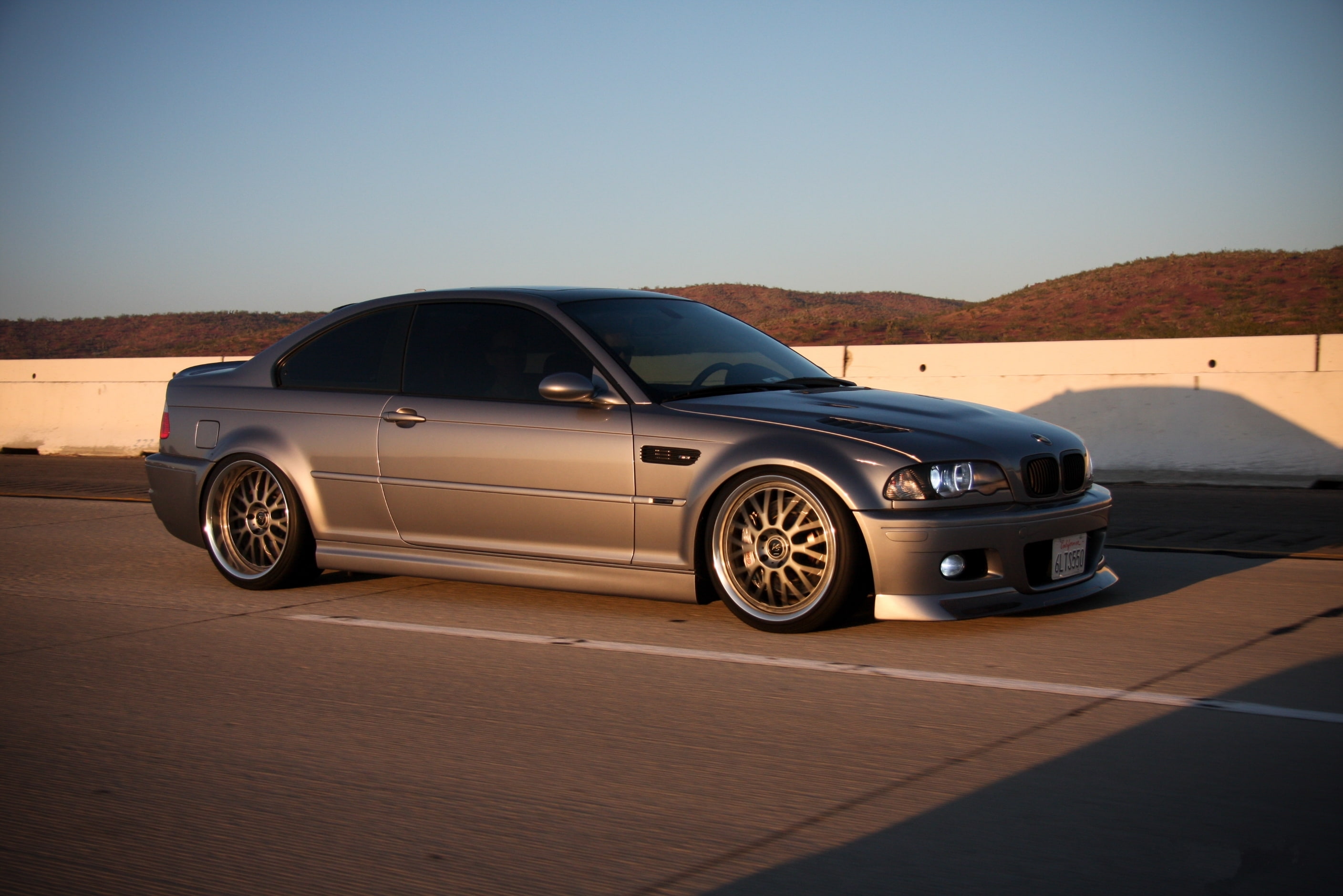 side view, the fence, the slopes, BMW, markup, tinted, e46, road, 2K, headlights, speed, silvery, HD Wallpaper