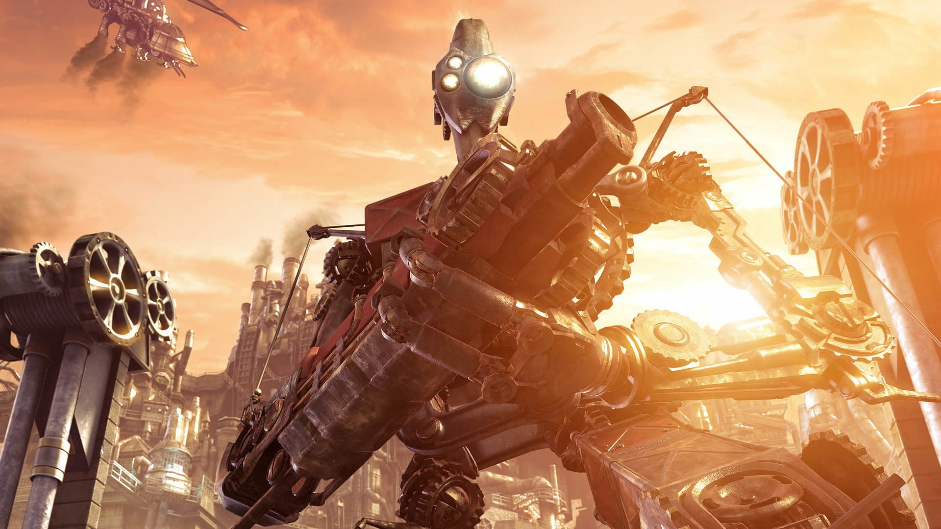 steampunk, 1080P, holding, game, gray, no people, digital, sunset, gun, pc, outdoors, machinery, violence, sky, character, weapon, strength, motorcycle, HD Wallpaper