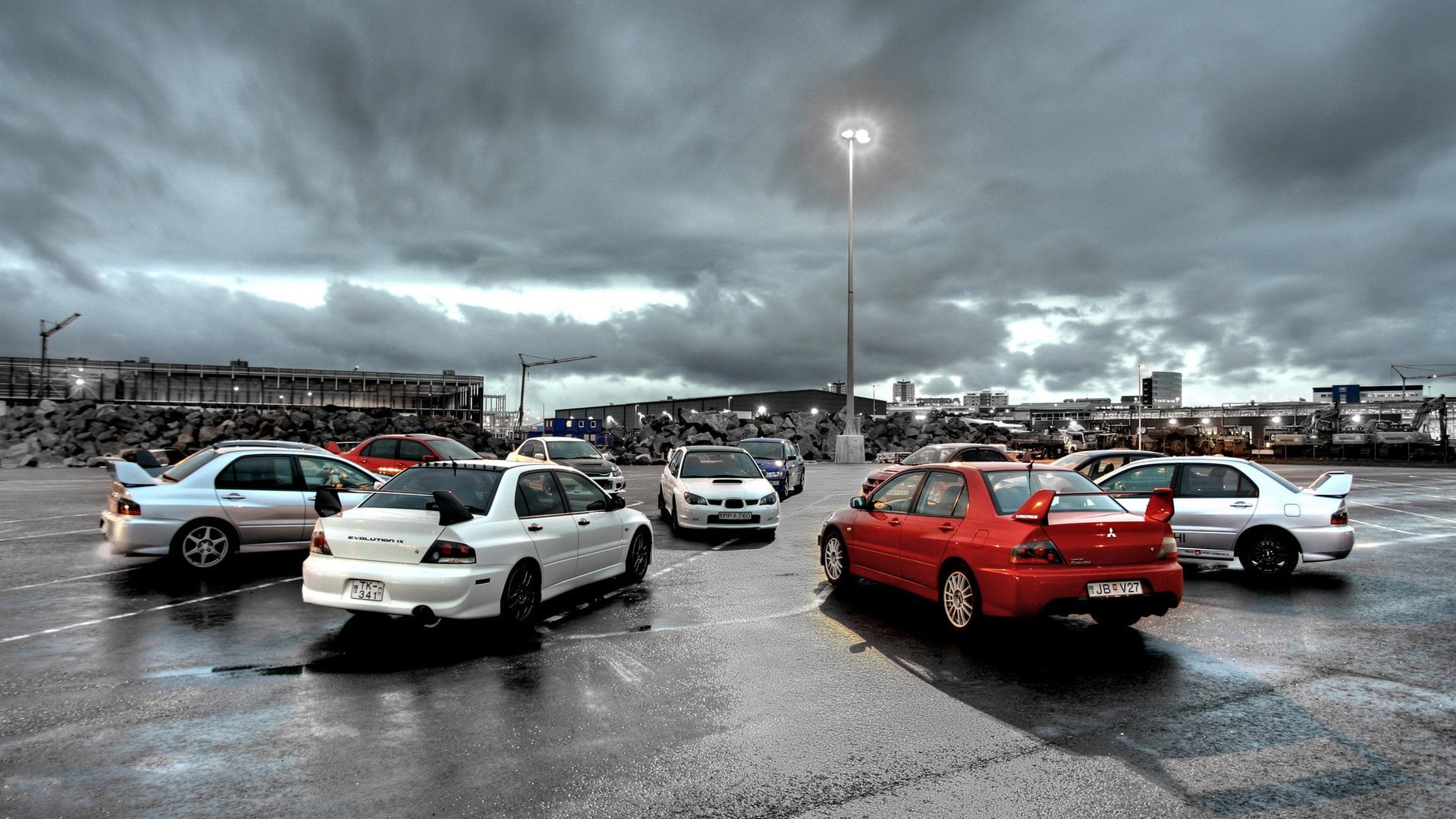 1080P, wet, evo, hd, subaru, cars, lancer, clouds, mitsubishi, wrx, evolution, sti, HD Wallpaper