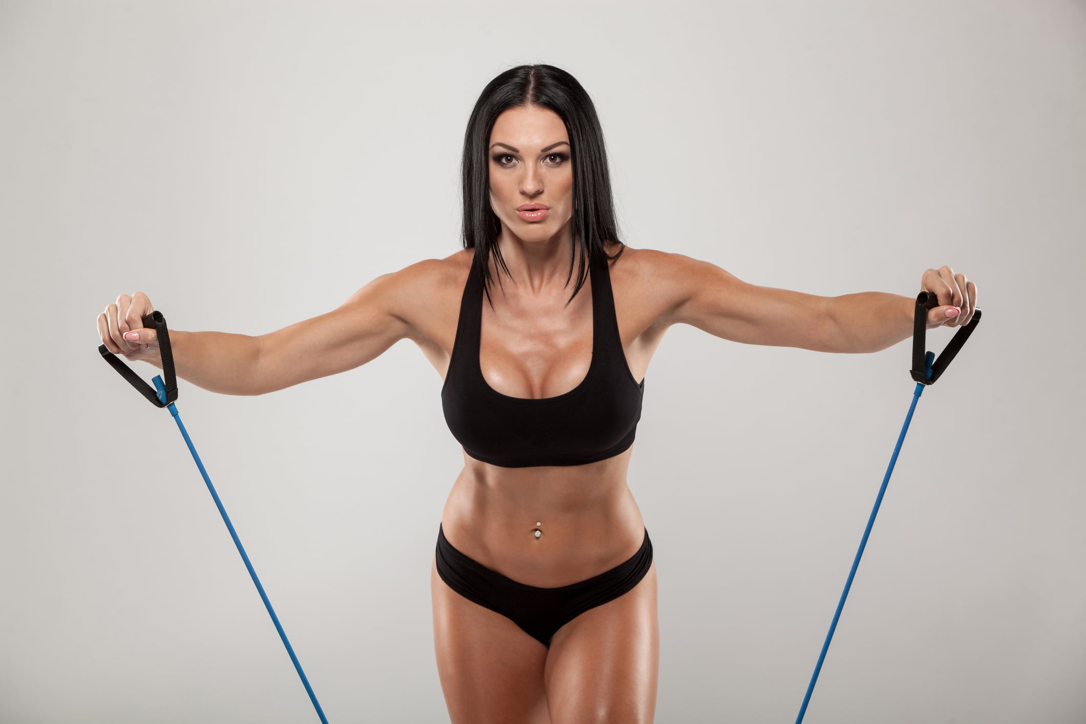 fitness, front view, sport, vitality, women, exercising, elastic bands, adult, looking at camera, young adult, 1080P, beautiful woman, lifestyles, healthy lifestyle, HD Wallpaper