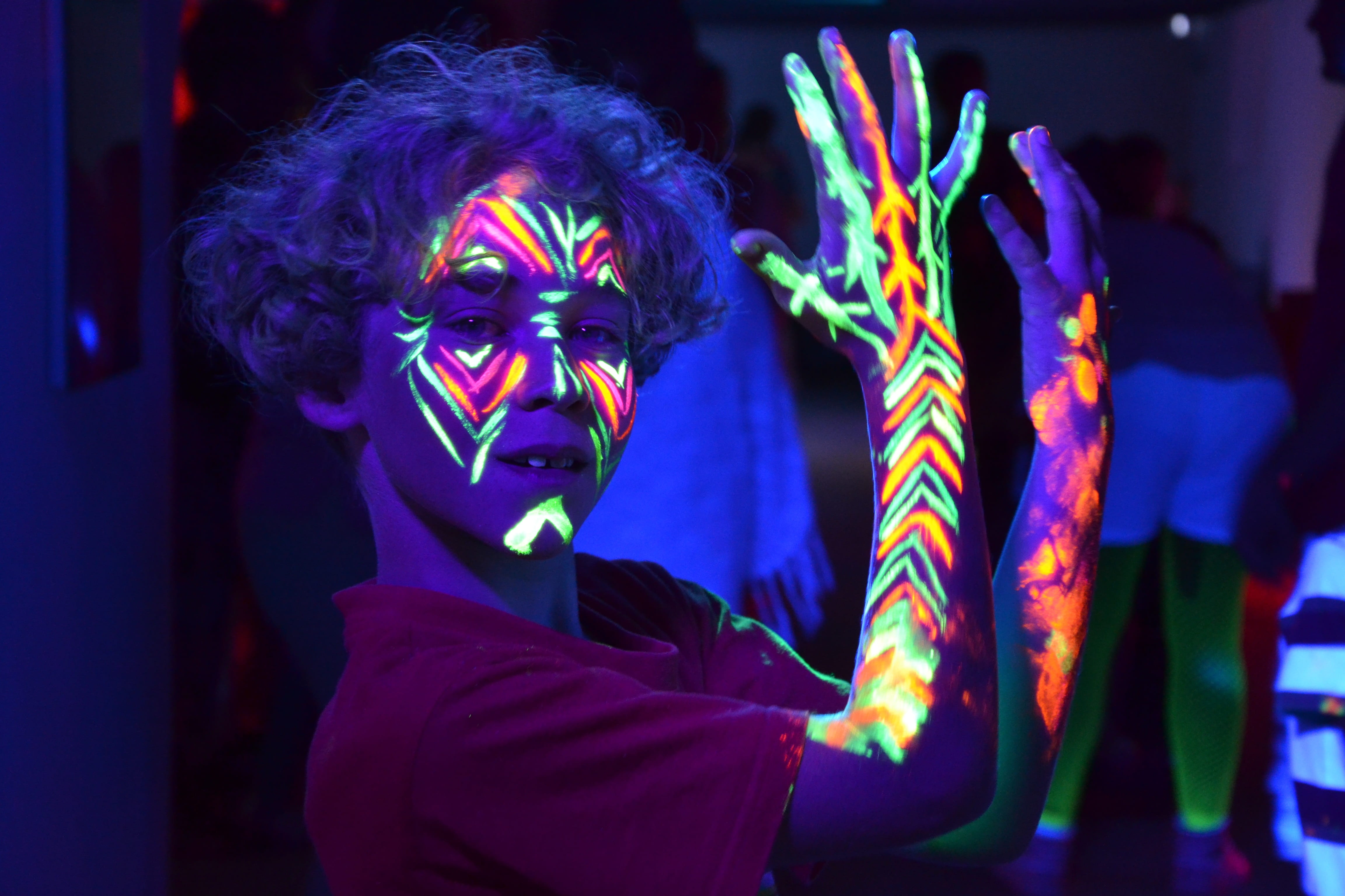 festival, nightlife, 4K, fluo, stage make-up, black background, child, portrait, face paint, focus on foreground, fun, human body part, adult, multi colored, HD Wallpaper