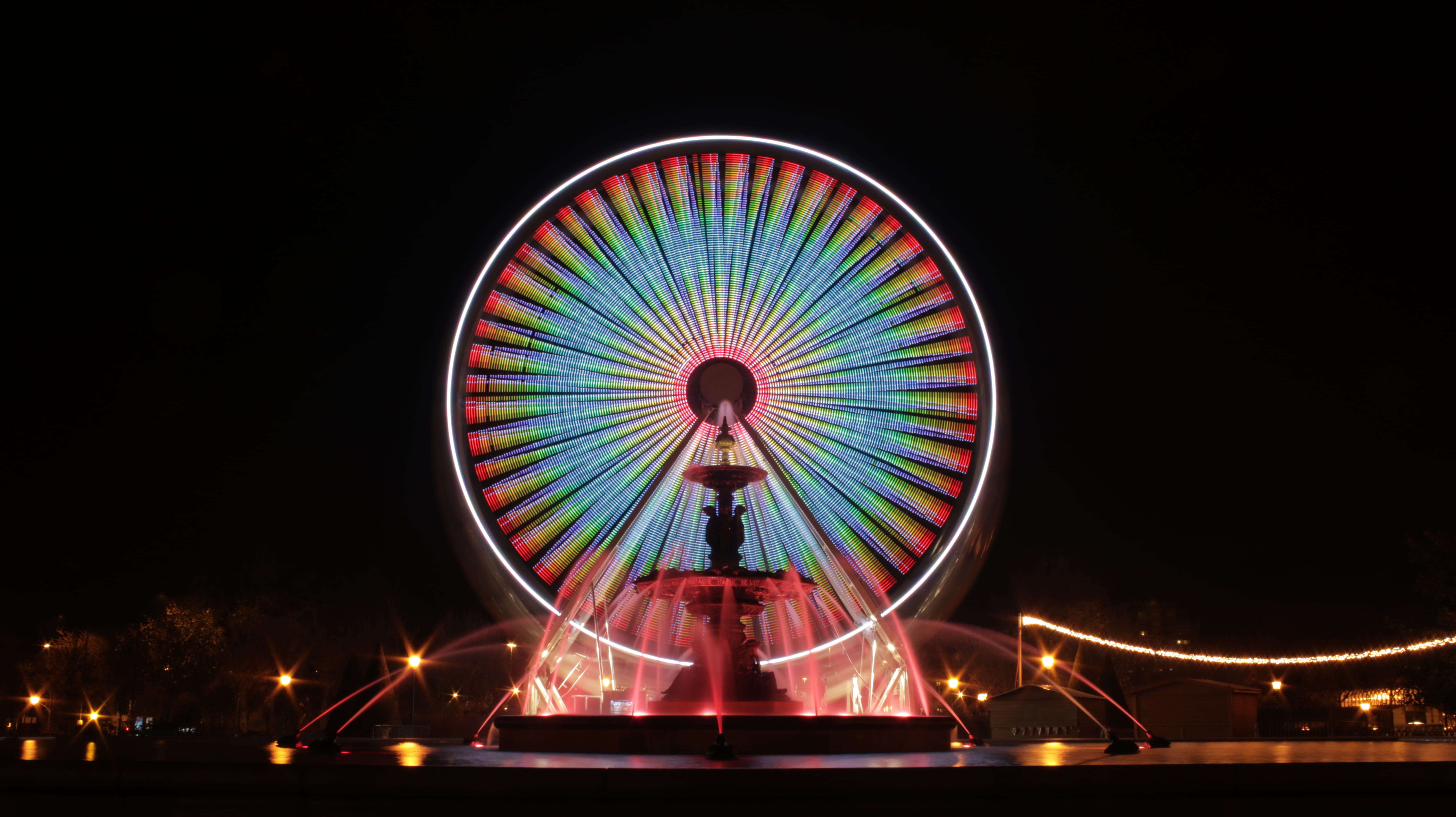 dark, shot, colours, amusement park ride, angers, travel destinations, blue, nightlife, blurred motion, carnival, neon, amusement park, city, red, fountain, HD Wallpaper