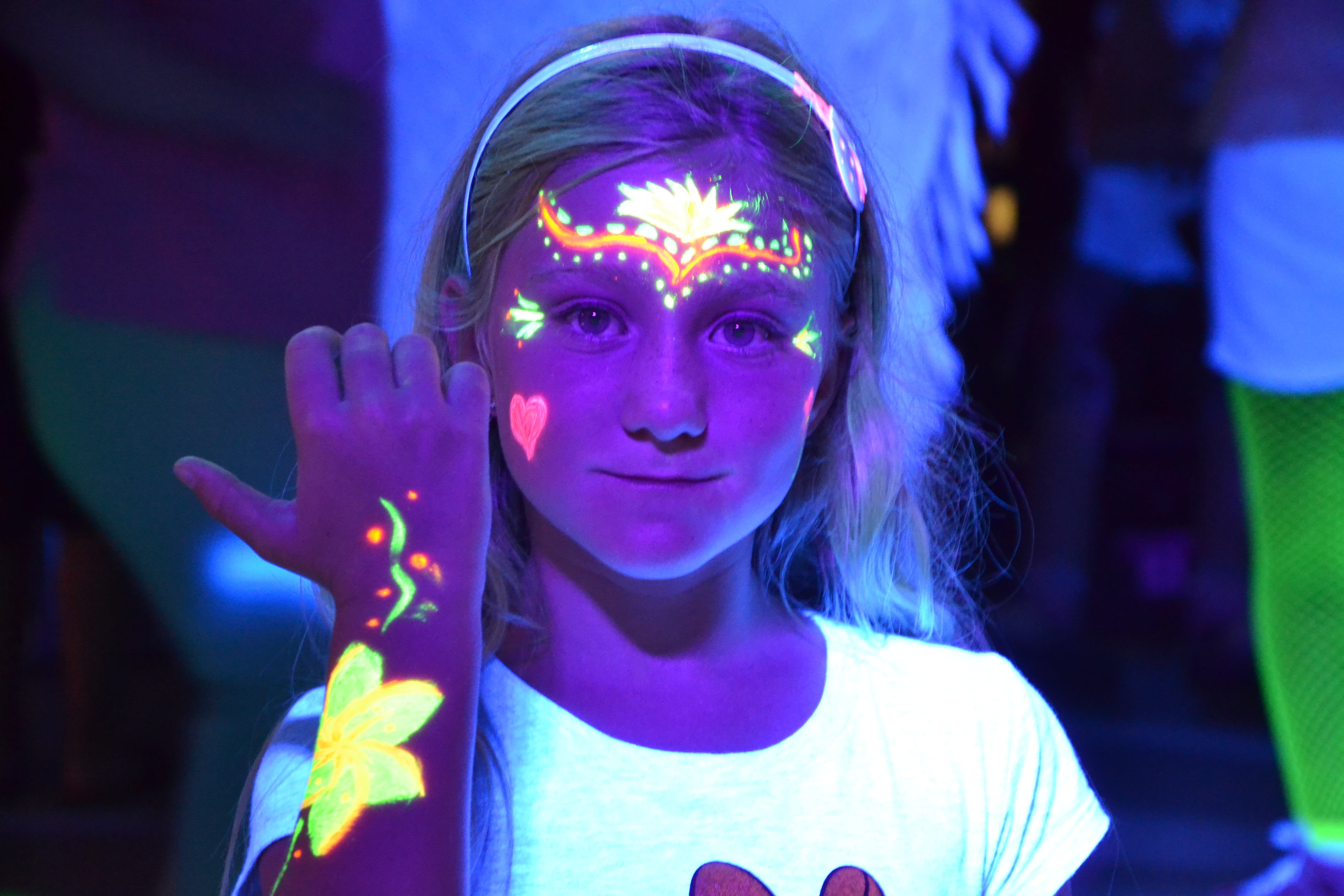 multicolor, colors, long hair, young adult, human body part, fluo, front view, illuminated, looking at camera, human face, headshot, 4K, child, one person, HD Wallpaper
