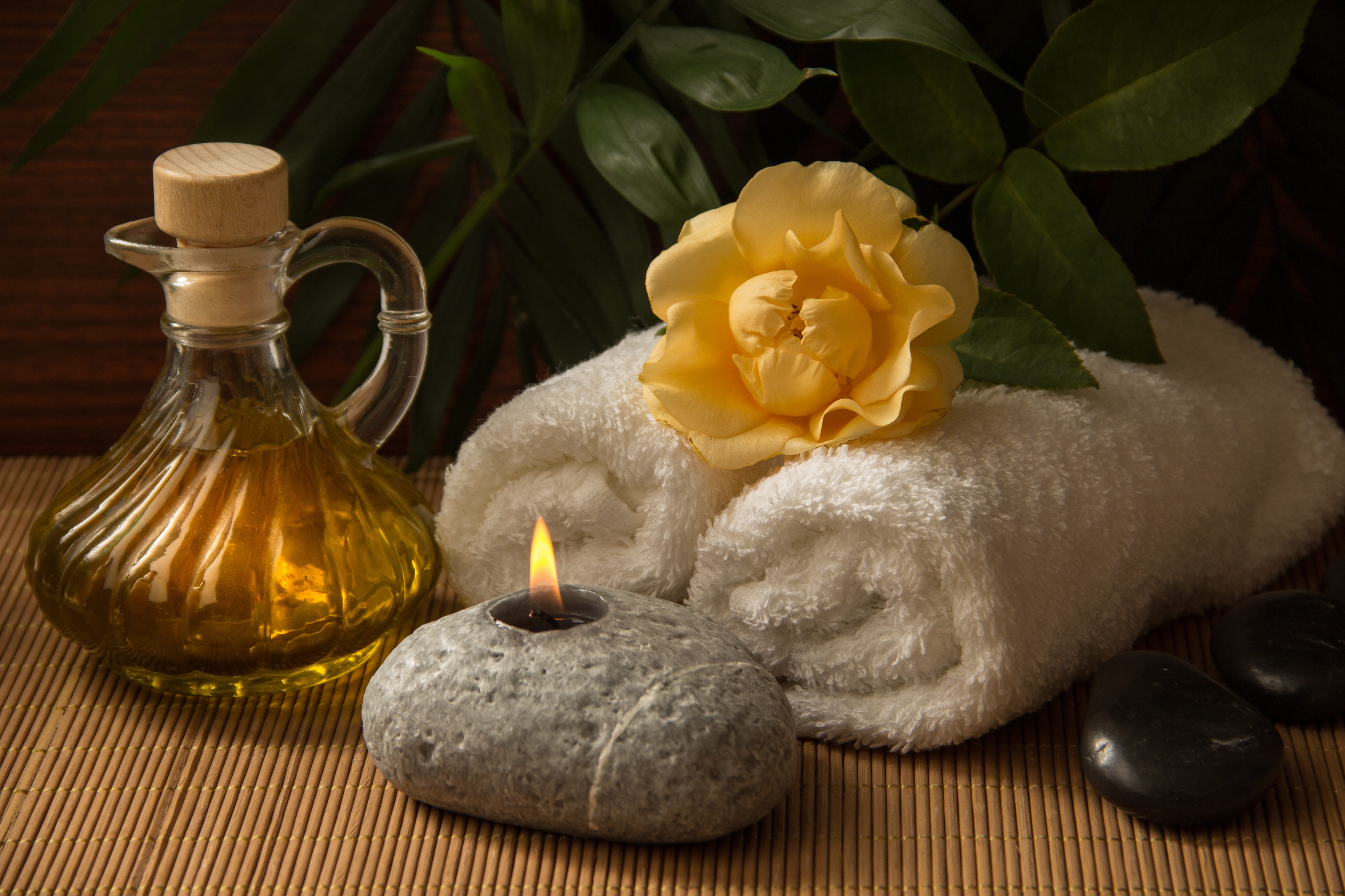 food and drink, glow, aromatherapy, towels, carafe, luxury, candle, scented, black, flower head, flower, stone - object, no people, wealth, rose, light, HD Wallpaper