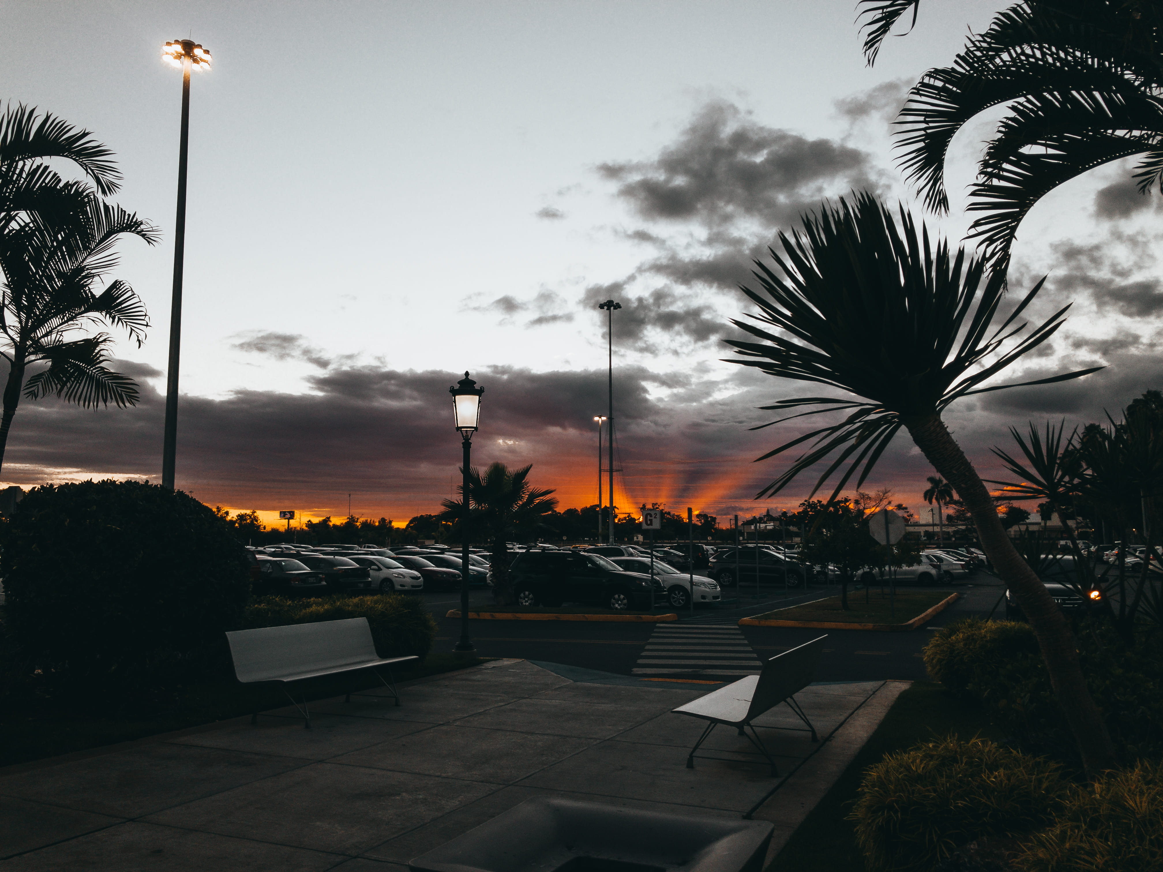 furniture, dusk, no people, street light, street, architecture, cloud - sky, orange color, sky, tree, landscape, plant, outdoors, weather, lighting equipment, HD Wallpaper