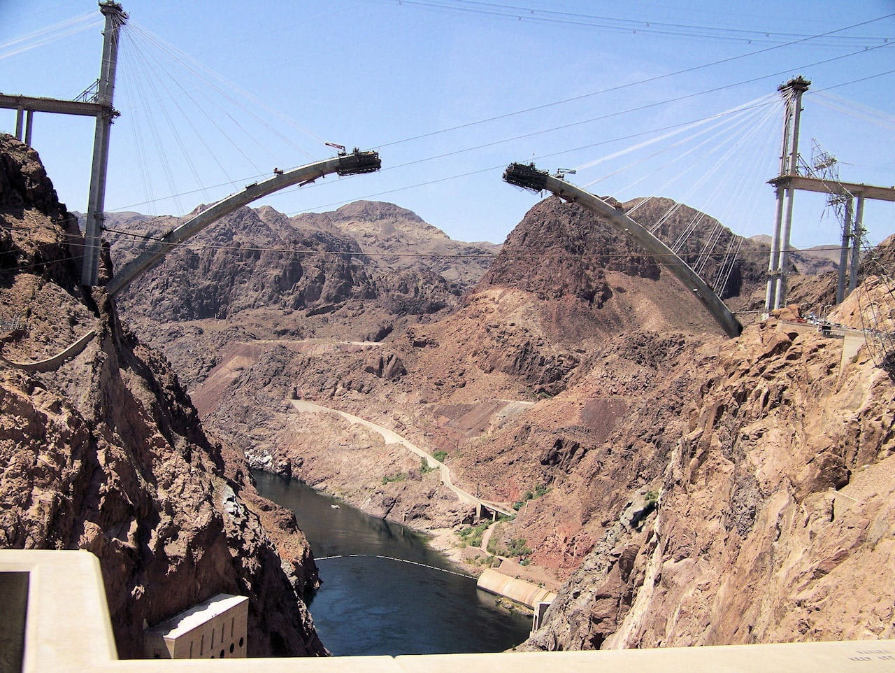 no people, day, formation, transportation, bridge, hoover, dam, street, fuel and power generation, power line, electricity pylon, built structure, mountain range, HD Wallpaper