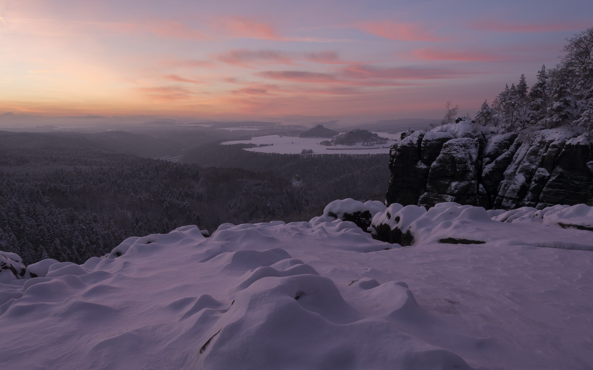 winter, Elbe Sandstone Mountains, snow, Saxon Switzerland, 1080P, mountains, Width Of The Gap, Saxony, panorama, Germany, HD Wallpaper