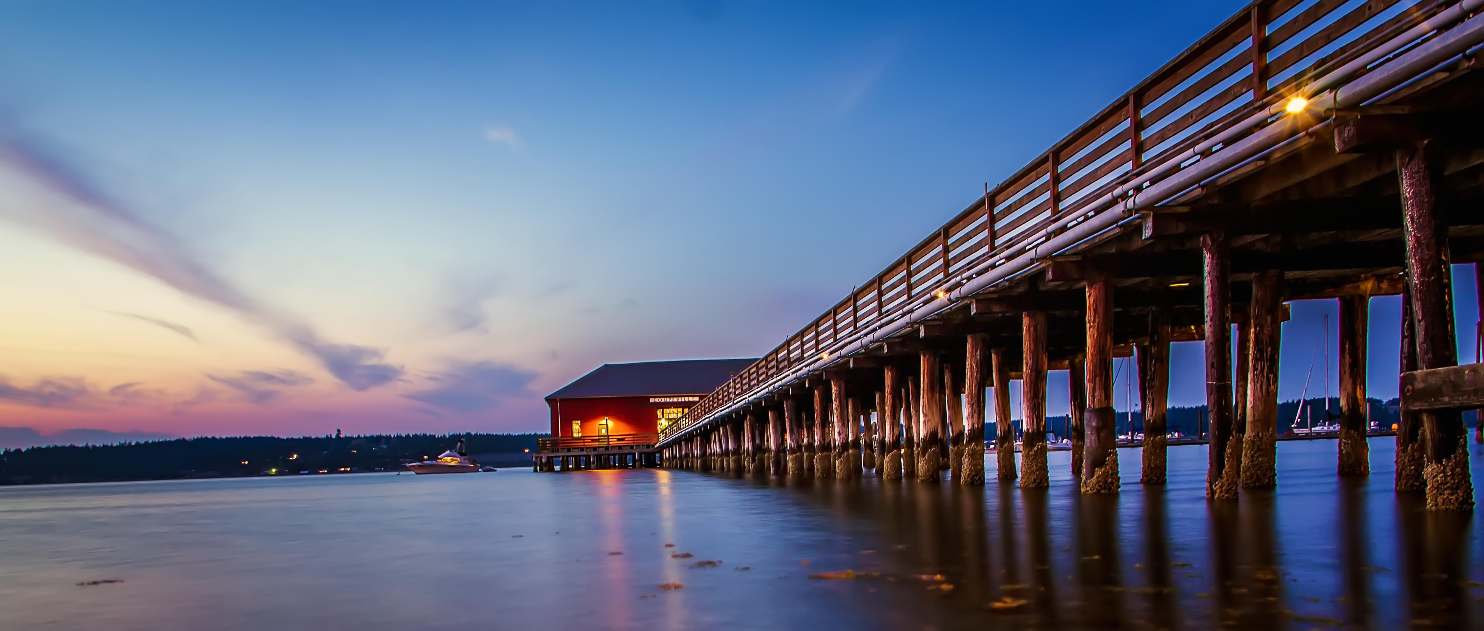Coupeville  Washington, body, Cove, Whidbey Island, brown, pnw, sky, Stillness, Heart, Canon, house, bridge, Blue Hour, Sunset, Wharf, nature, sea, wooden bridge, HD Wallpaper