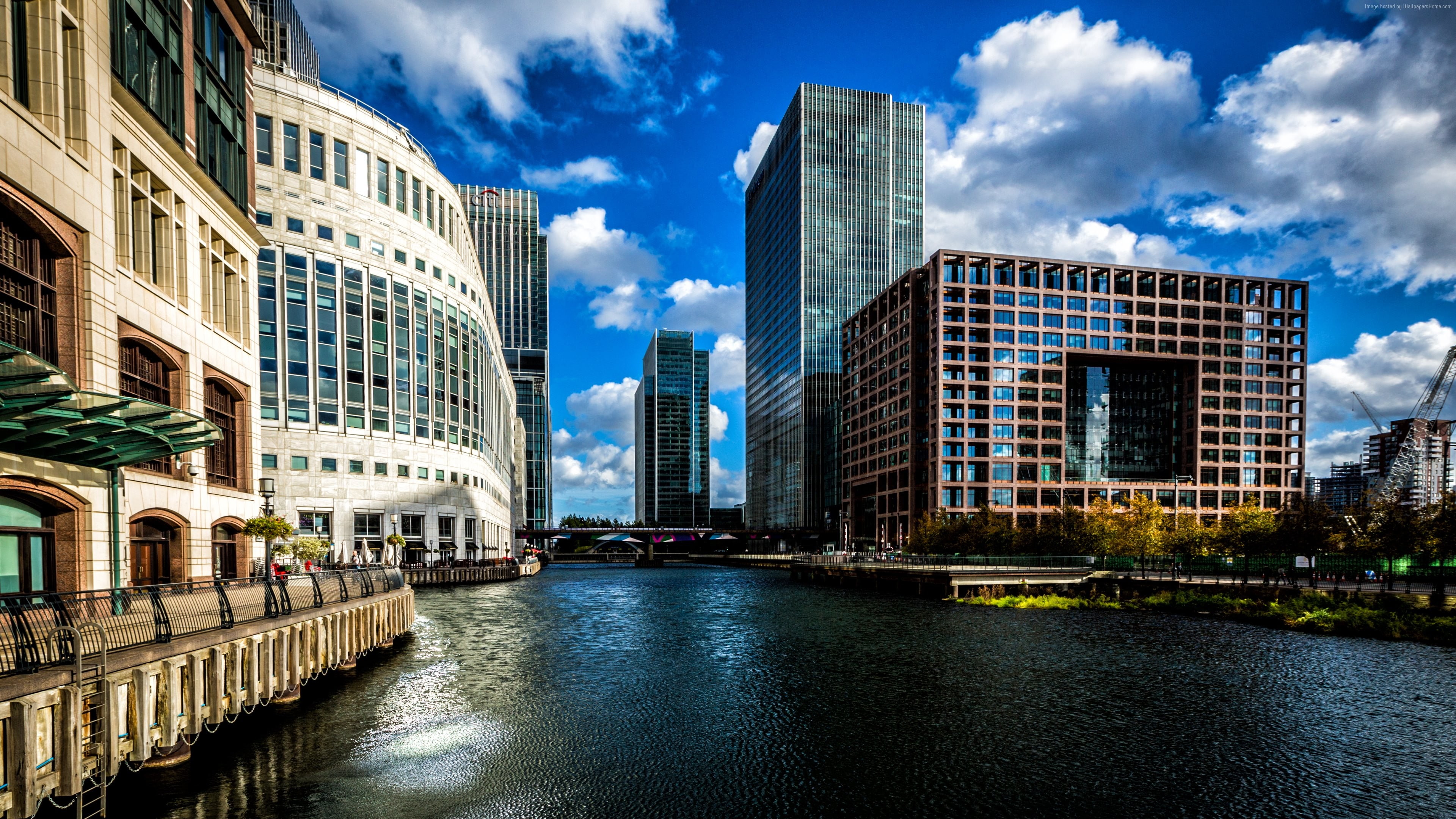 skyscraper, office, cloud - sky, reflection, architecture, sky, cityscape, London, day, travel, outdoors, office building exterior, Canary Wharf, 4K, nature, HD Wallpaper