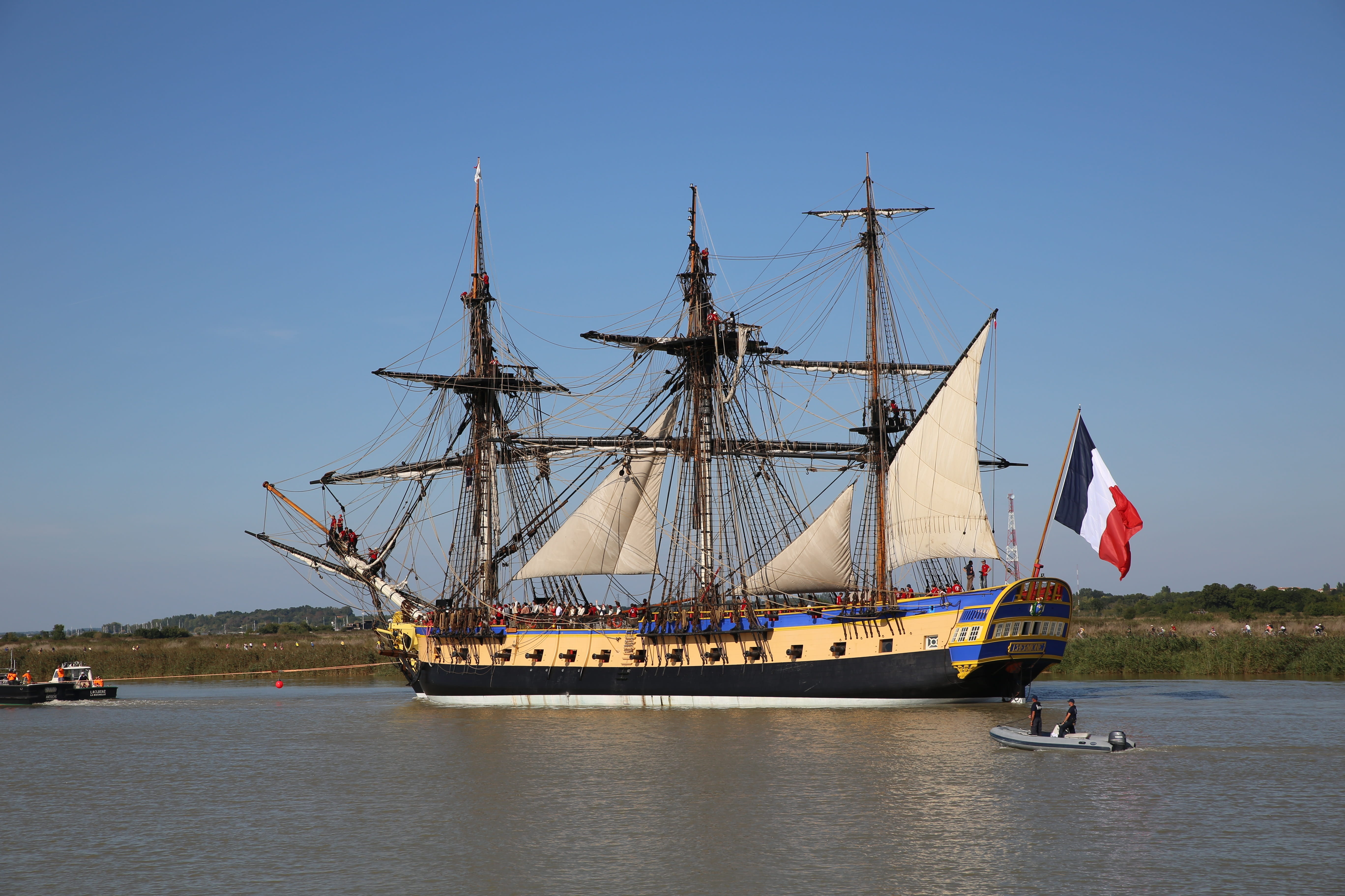 clear sky, water, old rigs, flag, nature, no people, hermione, outdoors, passenger craft, charente-maritime, pole, 5K, sailboat, mast, nautical vessel, HD Wallpaper
