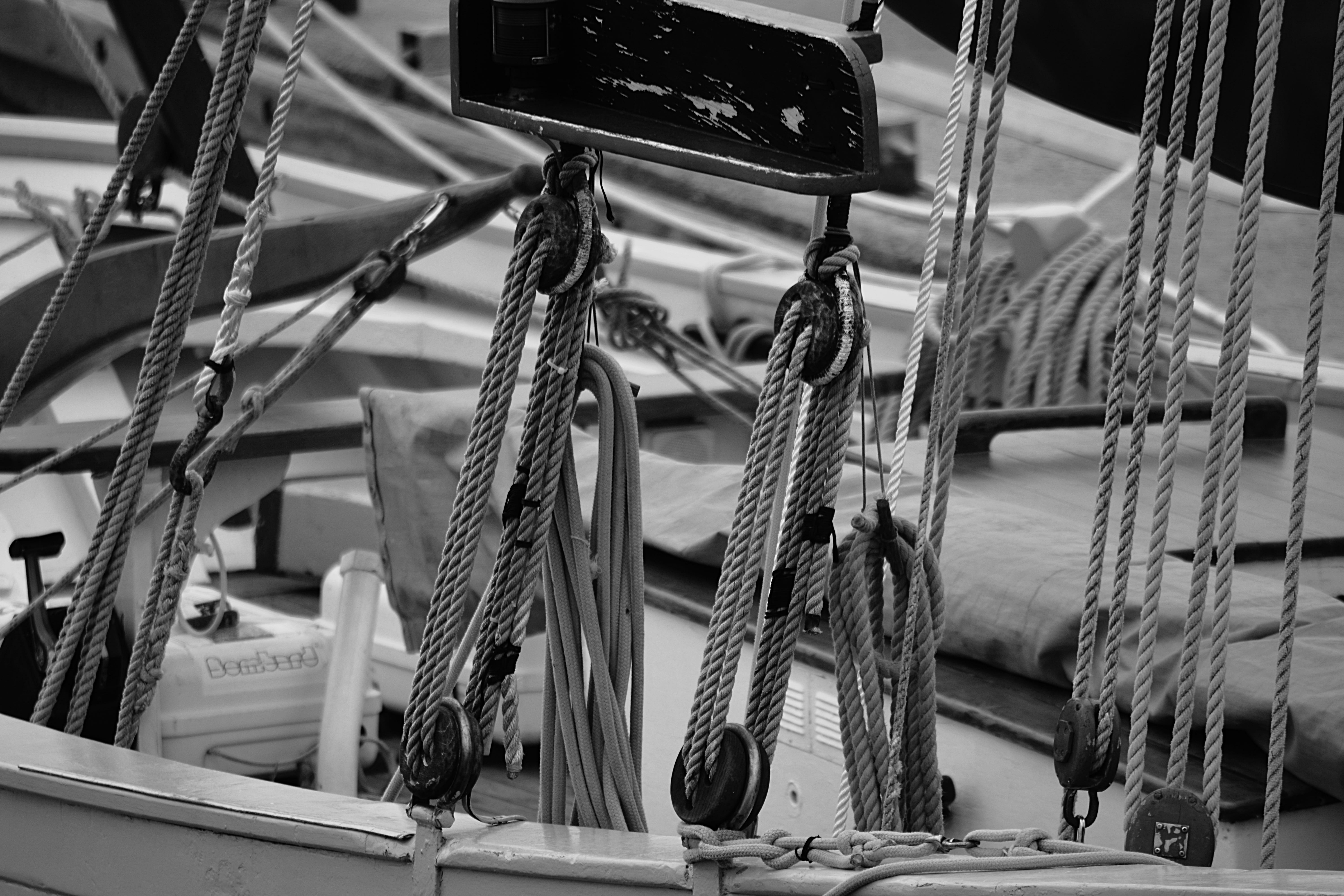 grayscale, boat, strings, chain, photography, transportation, sea, day, rigging, focus on foreground, nautical vessel, textile, low angle view, rod, string, HD Wallpaper