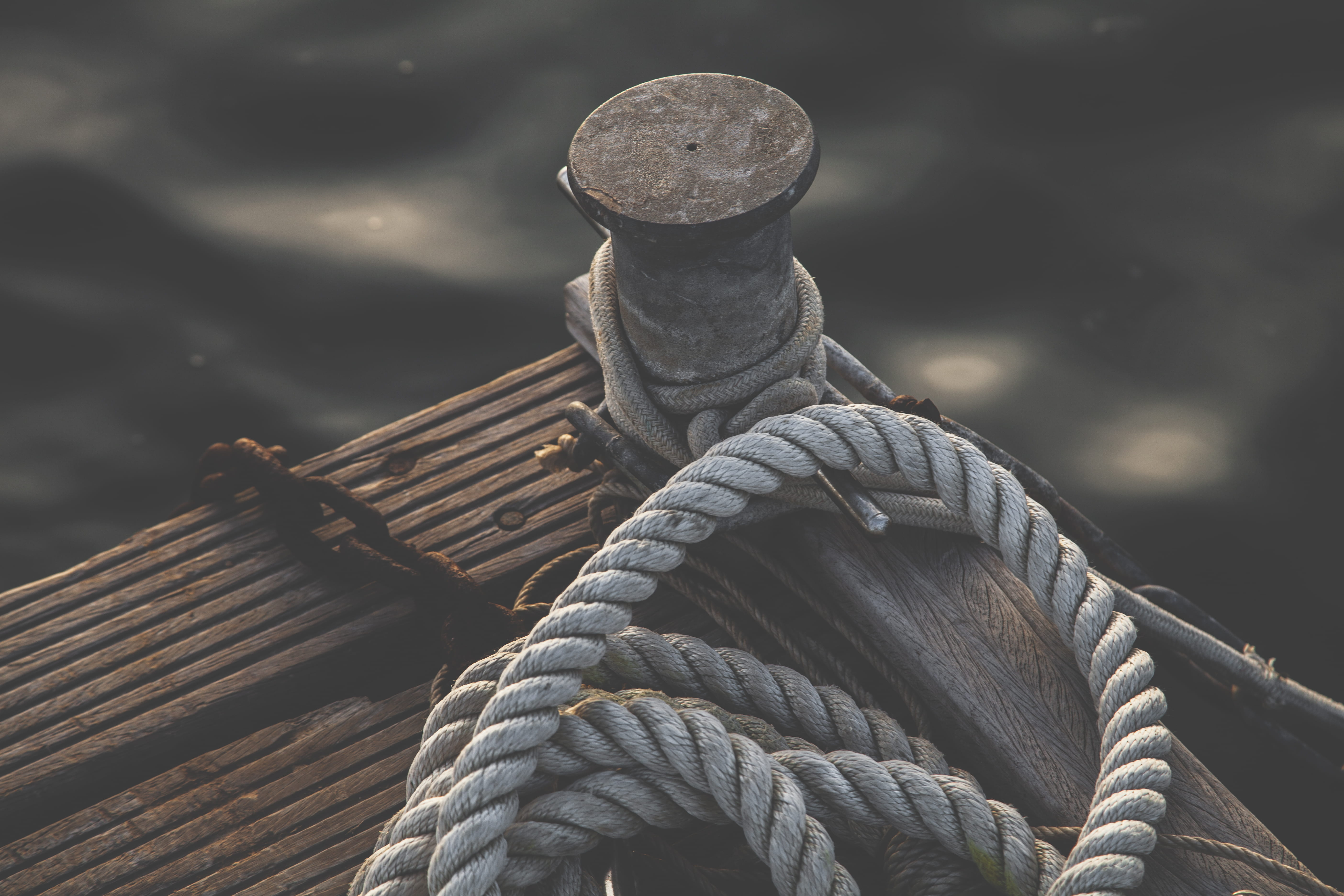 transportation, ropes, port, daylight, no people, close-up, grey, nautical equipment, water, dock, steel, wood - material, corner, wooden post, knot, wooden, HD Wallpaper