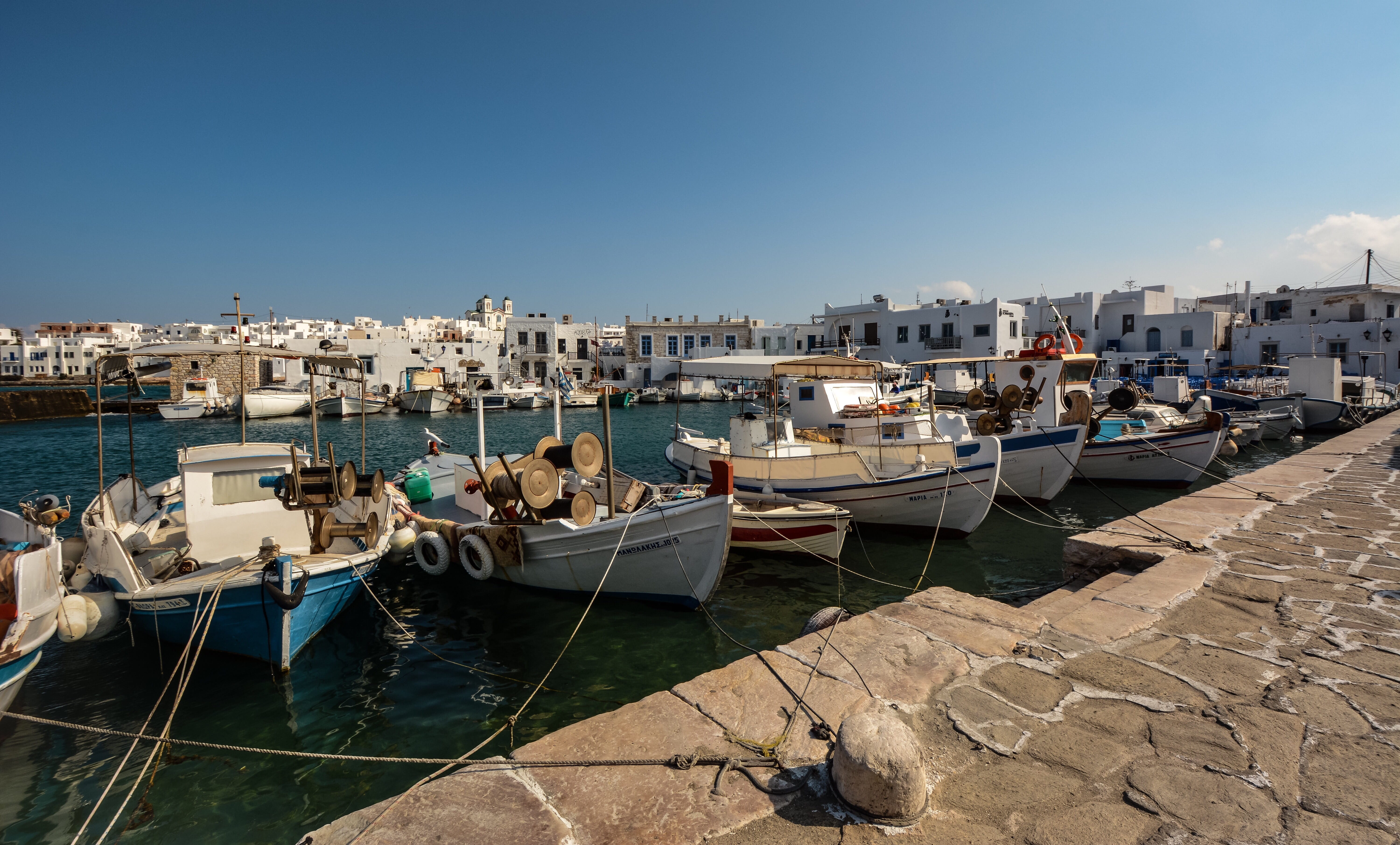 paros, building exterior, sunny, landscape, yacht, sailboat, fishing, village, architecture, built structure, bay, sea, city, boats, day, naoussa, clear sky, HD Wallpaper
