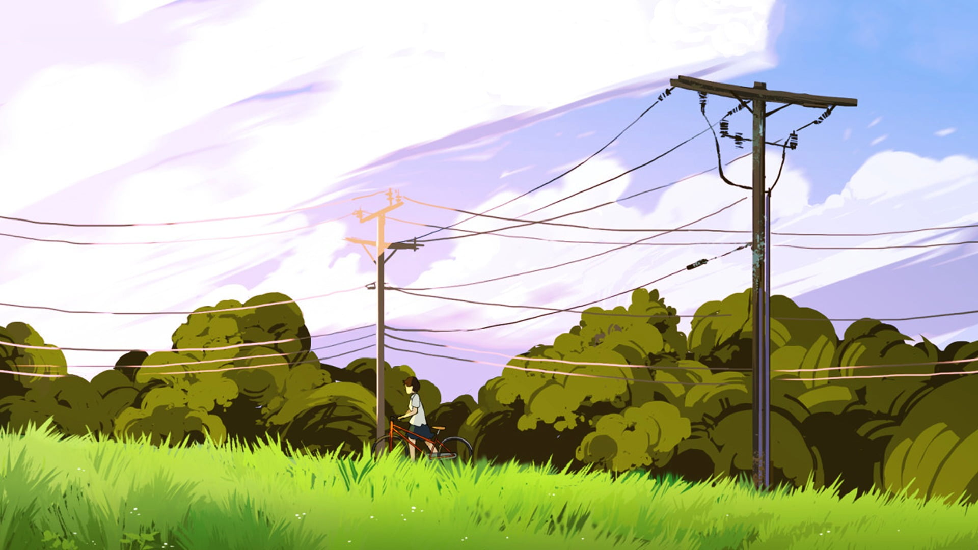 day, artwork, rural scene, landscape, plant, grass, agriculture, outdoors, green color, land, metal, sky, electricity, white, anime, field, nature, cloud - sky, HD Wallpaper