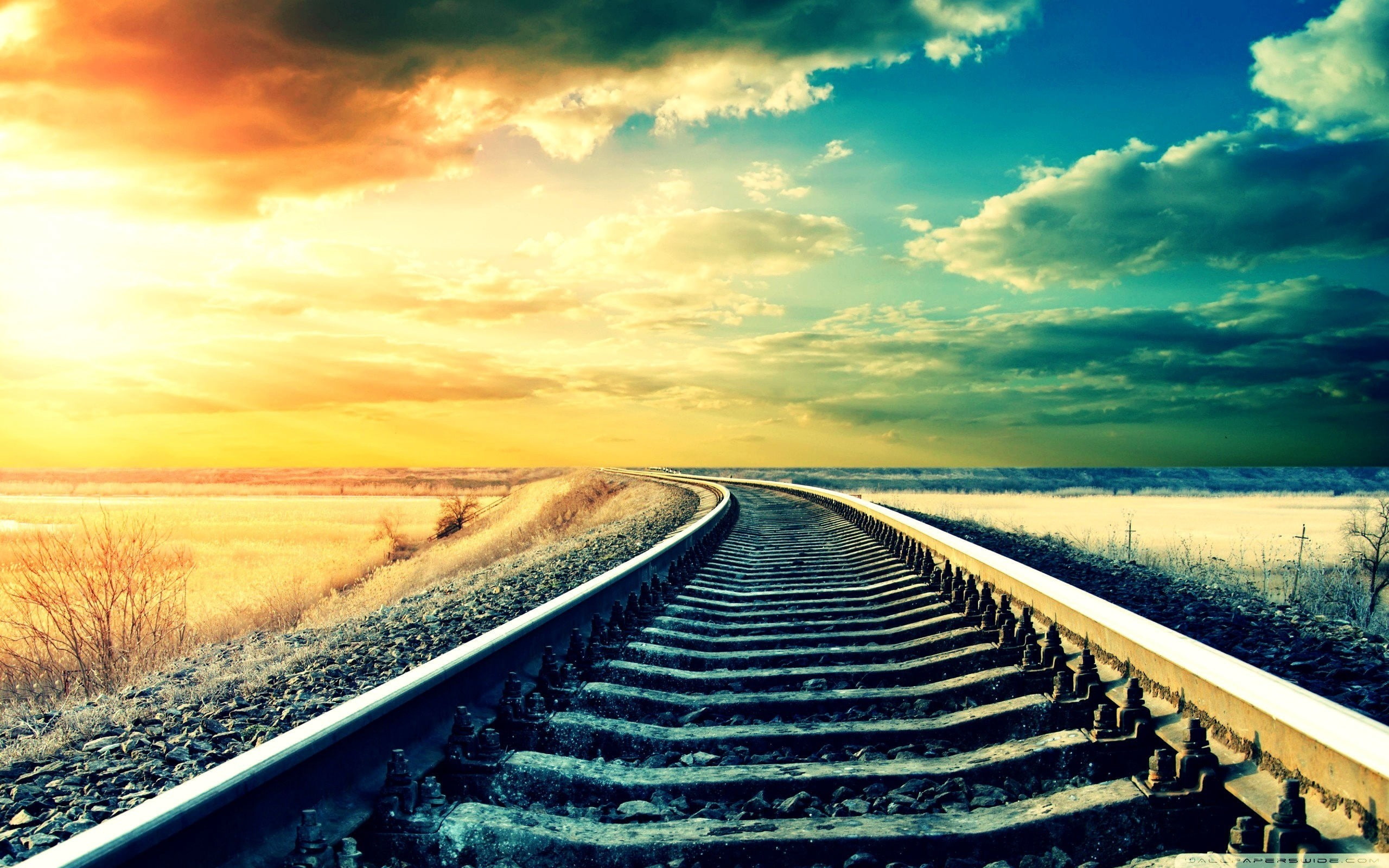 field, sleepers, grass, Sunset, 2K, sky, rails, HD Wallpaper