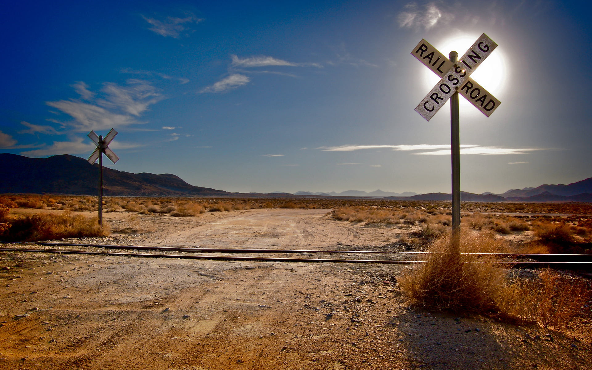 grass, mountains, road, the sun, rails, sleepers, 1080P, railroad, desert, W/d, landscapes, cloud, crossroads, clouds, HD Wallpaper
