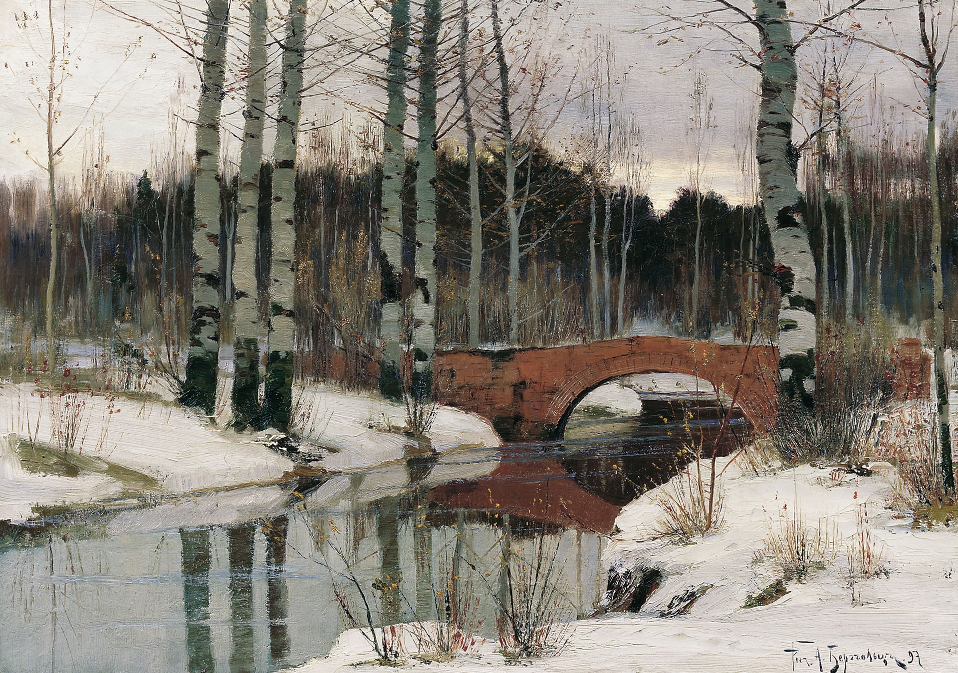 canvas, landscape, oil, picture, bridge, The thaw in Gatchina, Richard Bergholz, 1080P, HD Wallpaper