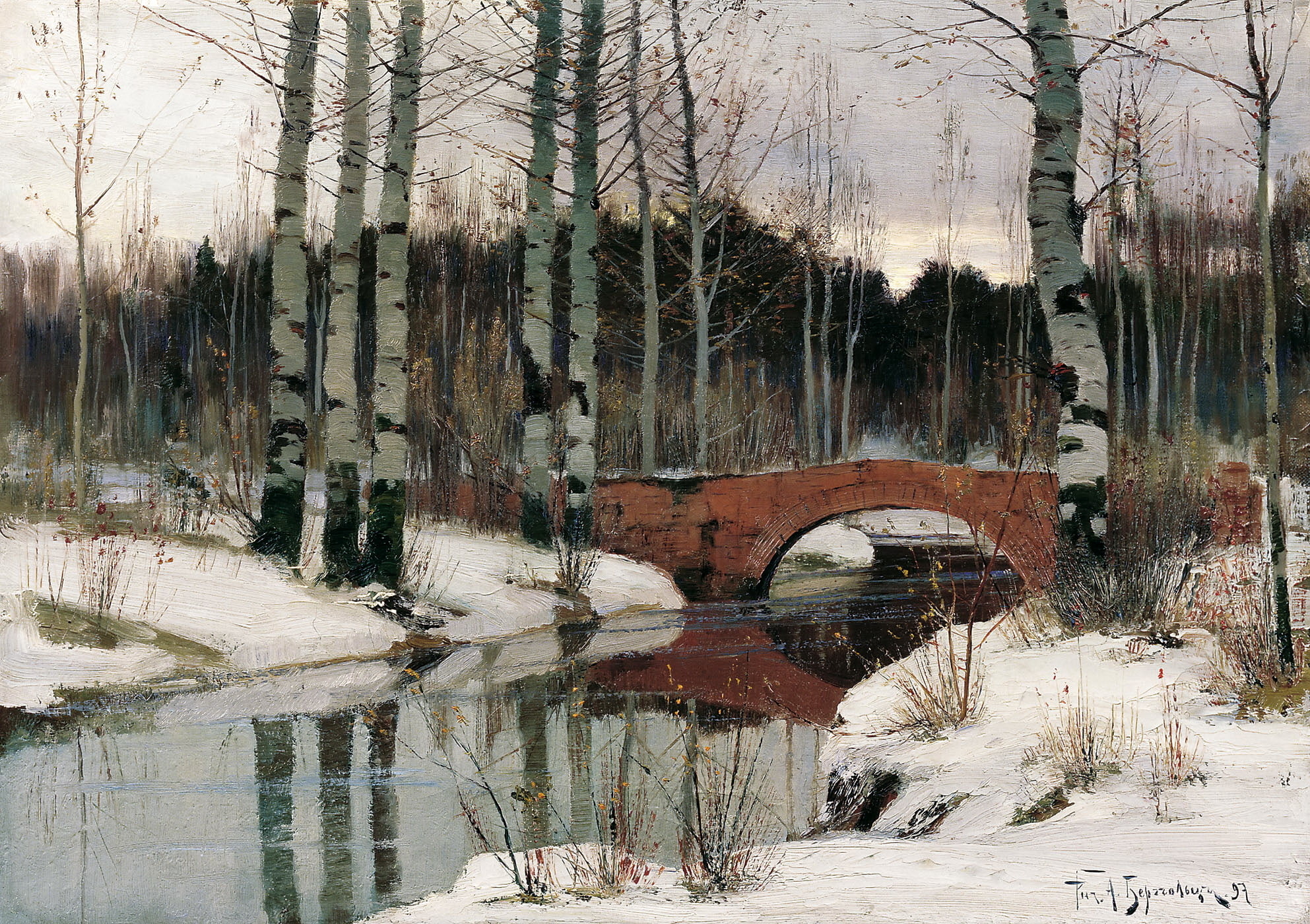 landscape, architecture, nature, frozen, bridge - man made structure, snowing, picture, painting, transportation, cold temperature, birch, the sky, HD Wallpaper