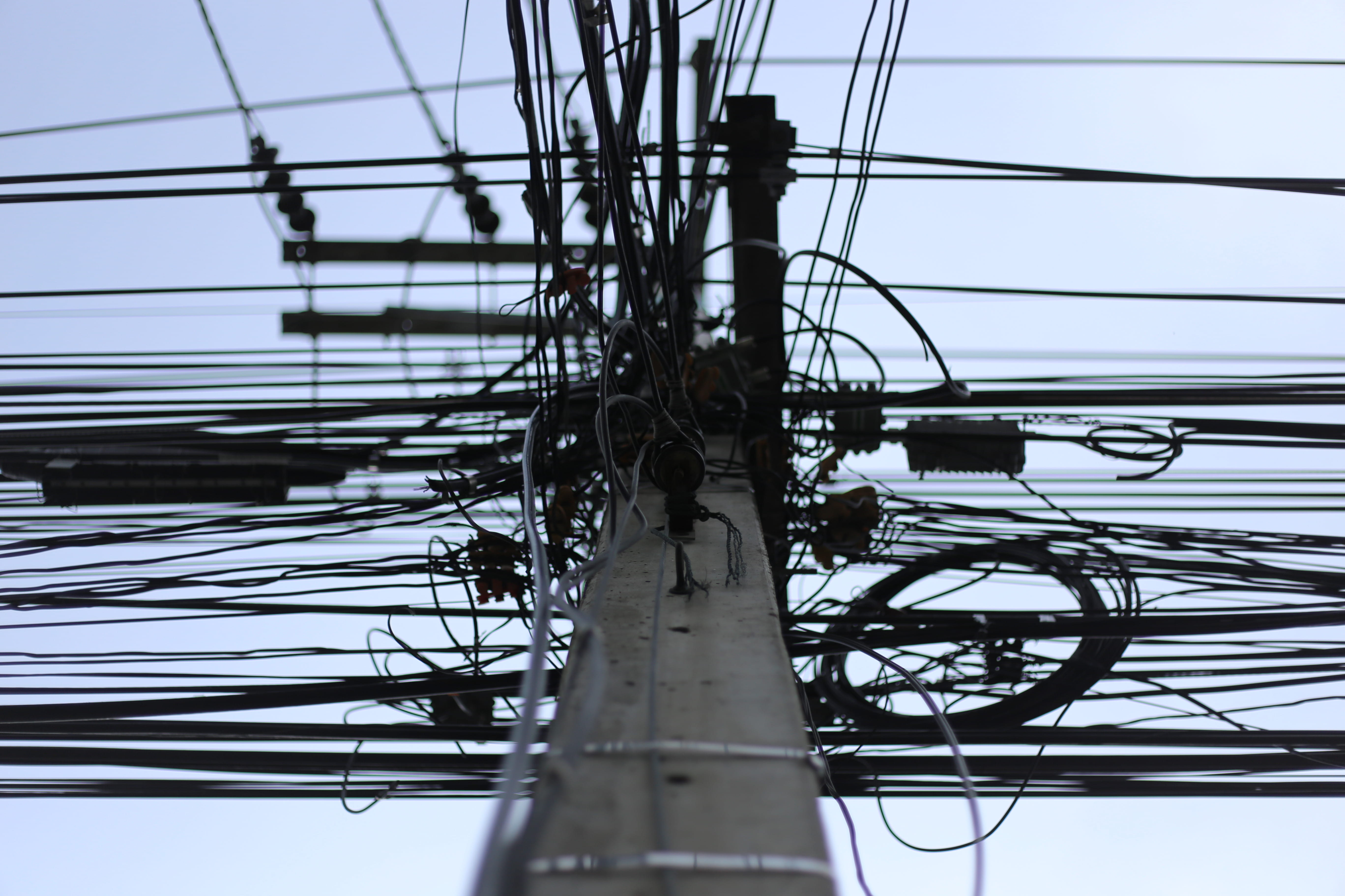 technology, closeup, post, connection, electrical component, sky, metal, pole, wires, chaos, utility, day, power supply, cable, power cable, fuel and power generation, HD Wallpaper