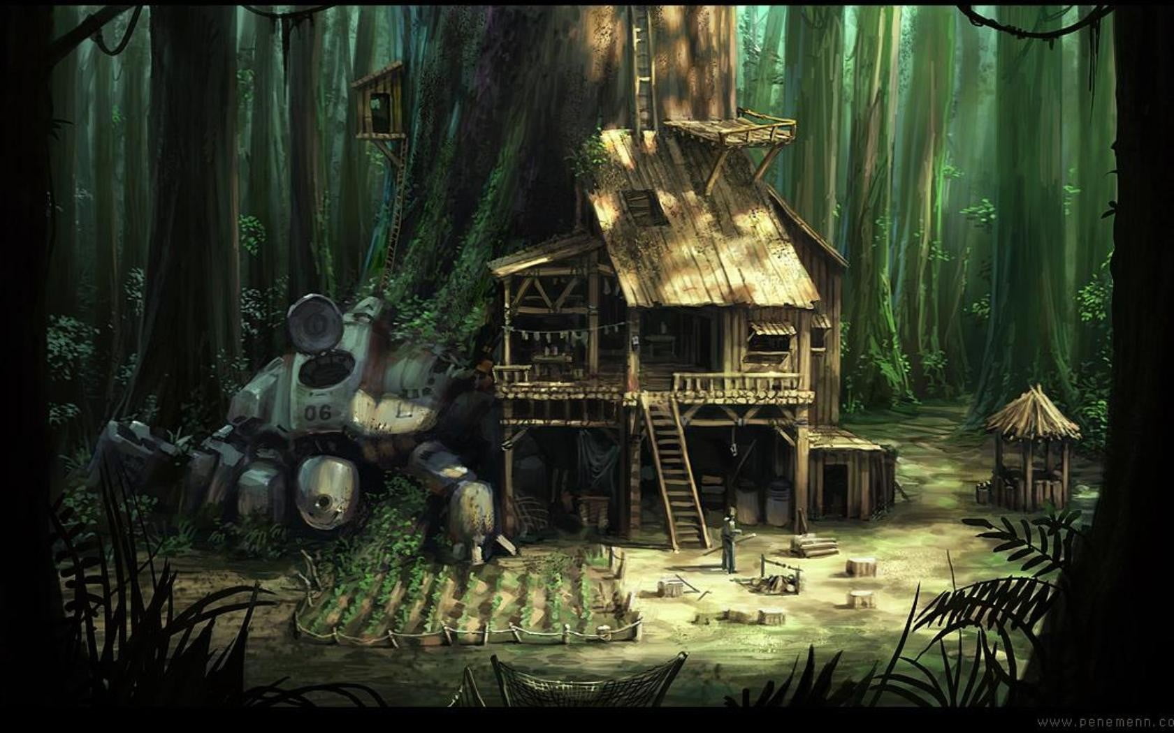 auto post production filter, wooden, forest, surrounded, 720P, building, architecture, growth, mech, plant, anime, day, no people, building exterior, tree, HD Wallpaper