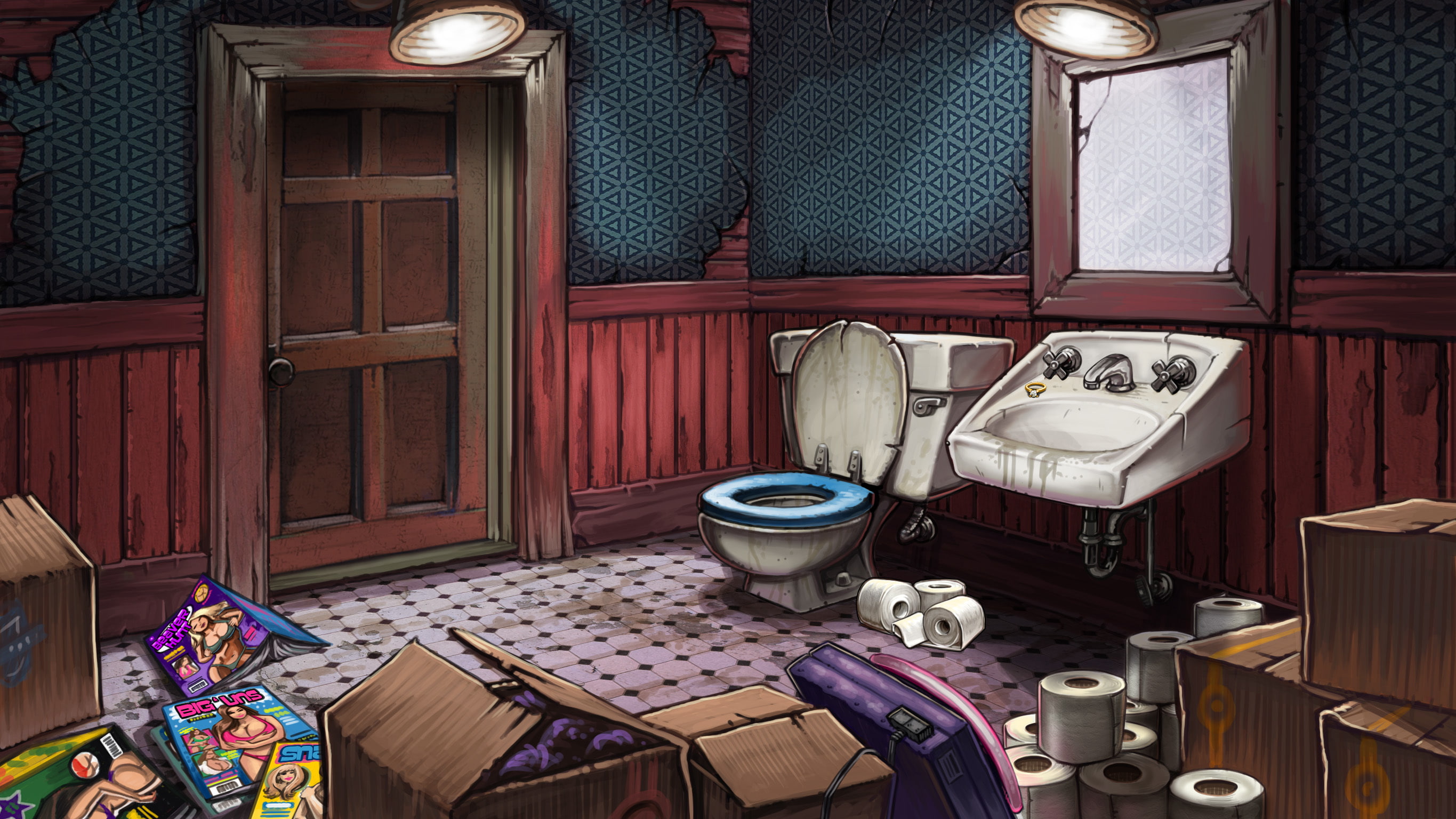 2K, toilet, dirt, door, mirror, ring, bathroom, disorder, magazines, HD Wallpaper