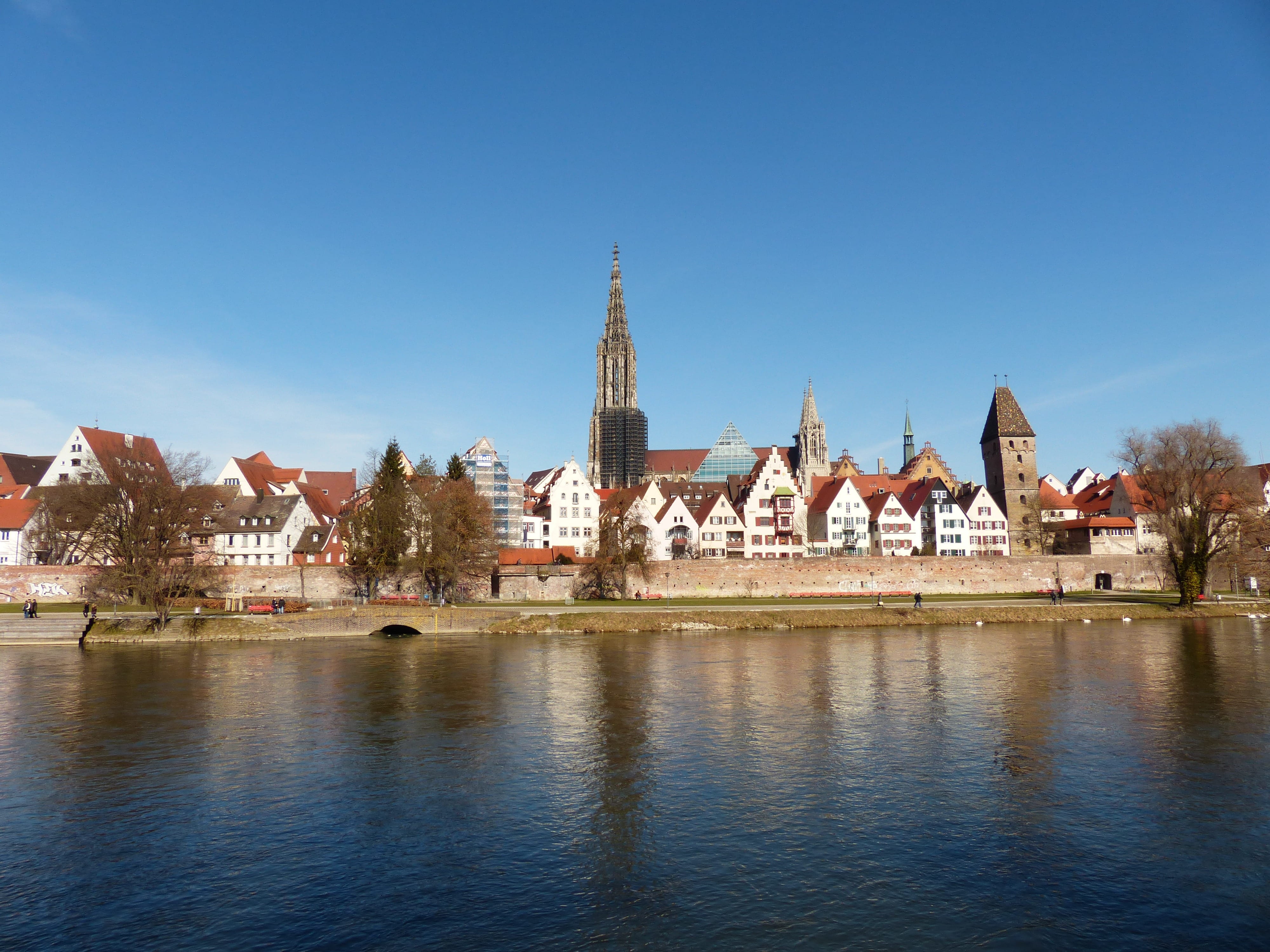 Ulm Cathedral, church, belief, roofs, clear sky, nature, waterfront, metzgerturm, danube, outdoors, famous Place, history, City, spirituality, water, place of worship, HD Wallpaper