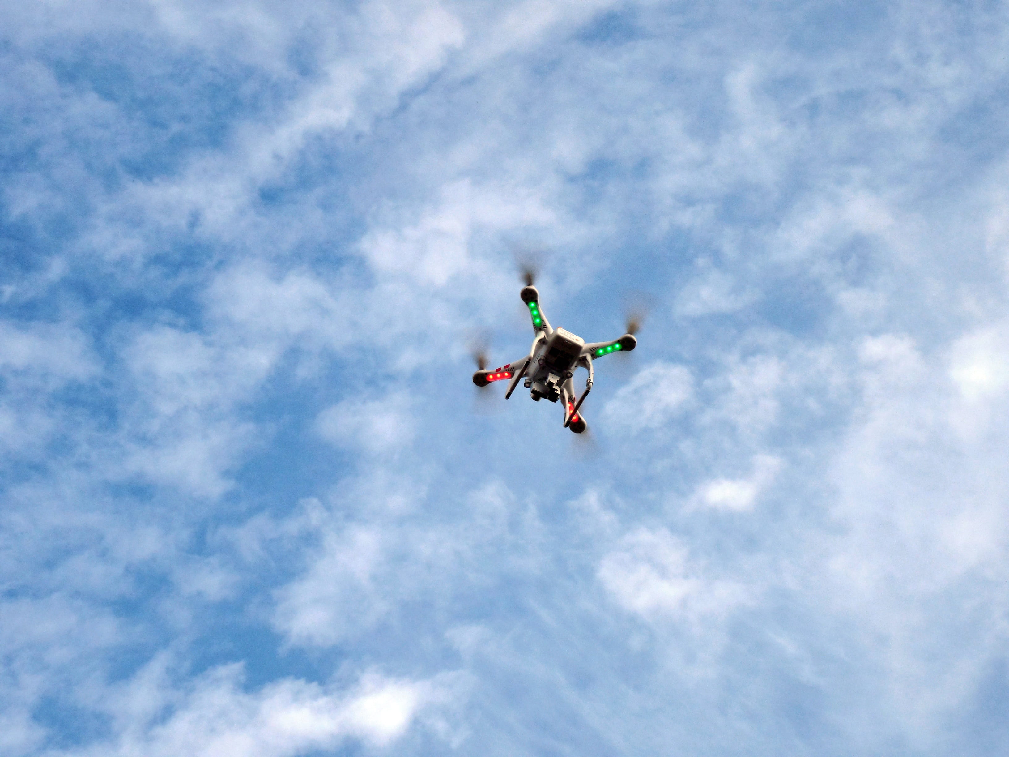 2K, daytime, air vehicle, flying machine, take off, Drone, angle, quadricopter, blue, spy, low, multicolored, quadcopter, clouds, mid, airplane, quadrotor, HD Wallpaper