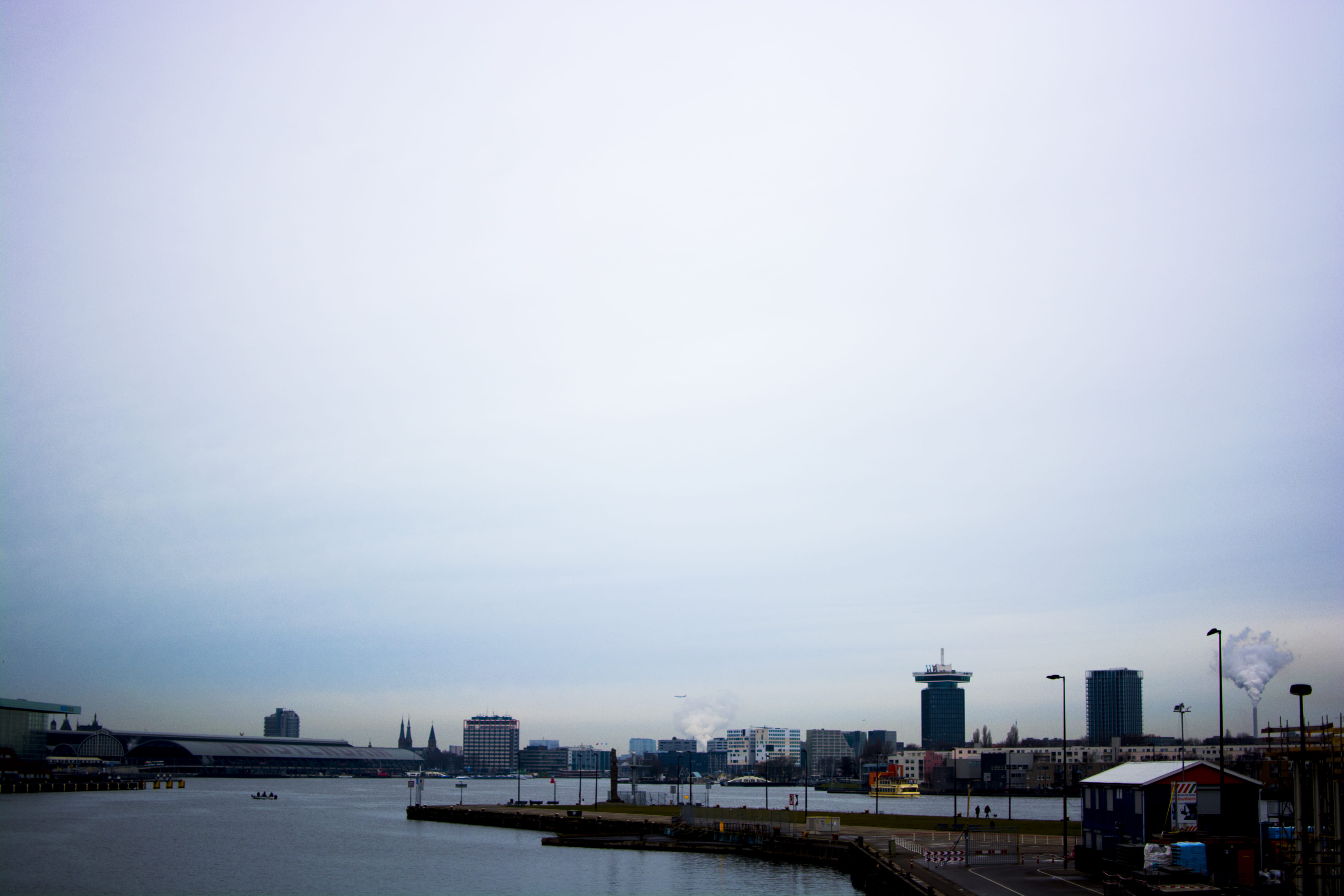 station, building, high angle view, skyscraper, contrast, factory, waterfront, sea, architecture, pollution, netherlands, day, 5K, cityscape, skyline, HD Wallpaper